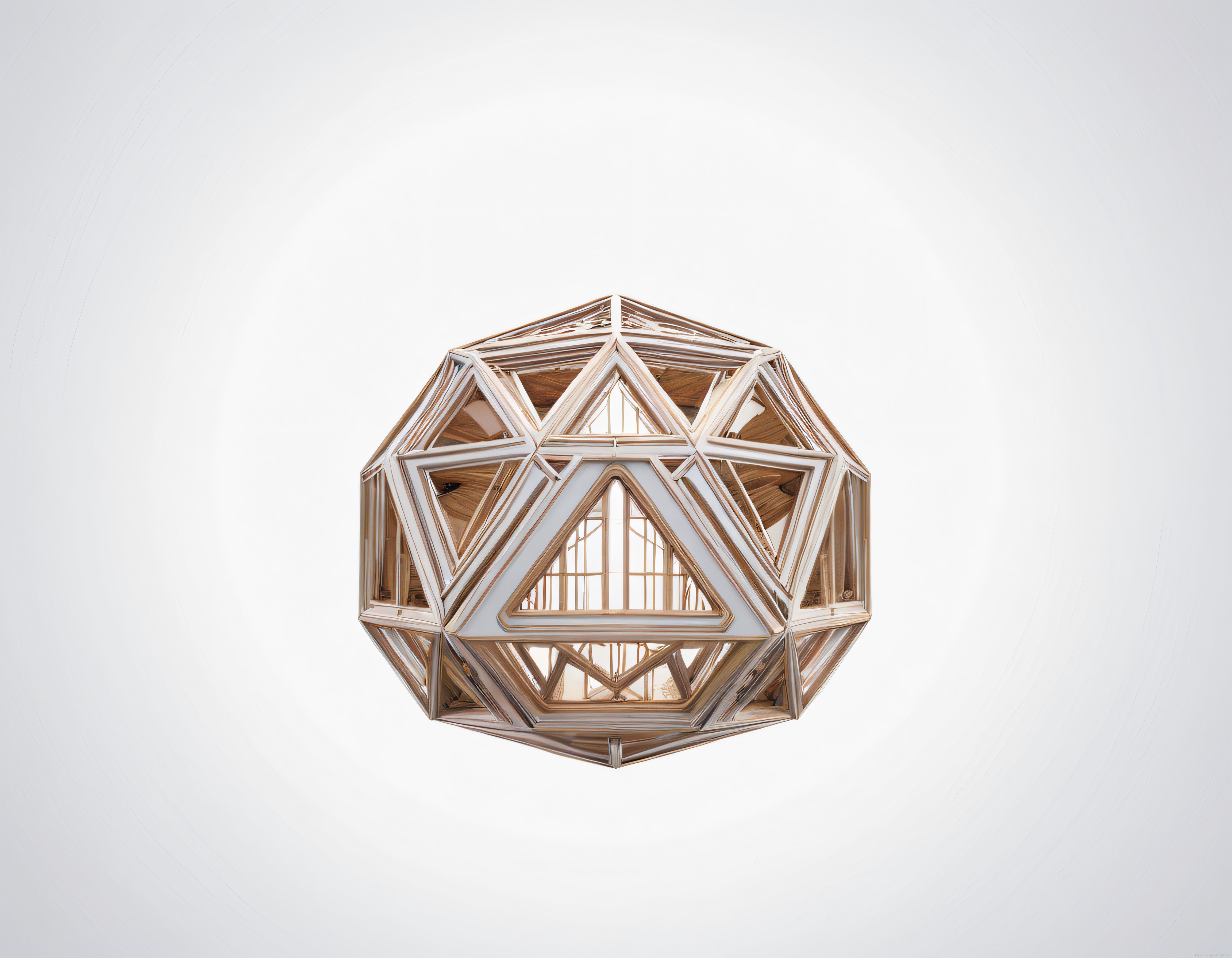 Minimalist beyaz stüdyoda geometrik ahşap kubbe yapısı ve pencere detayları