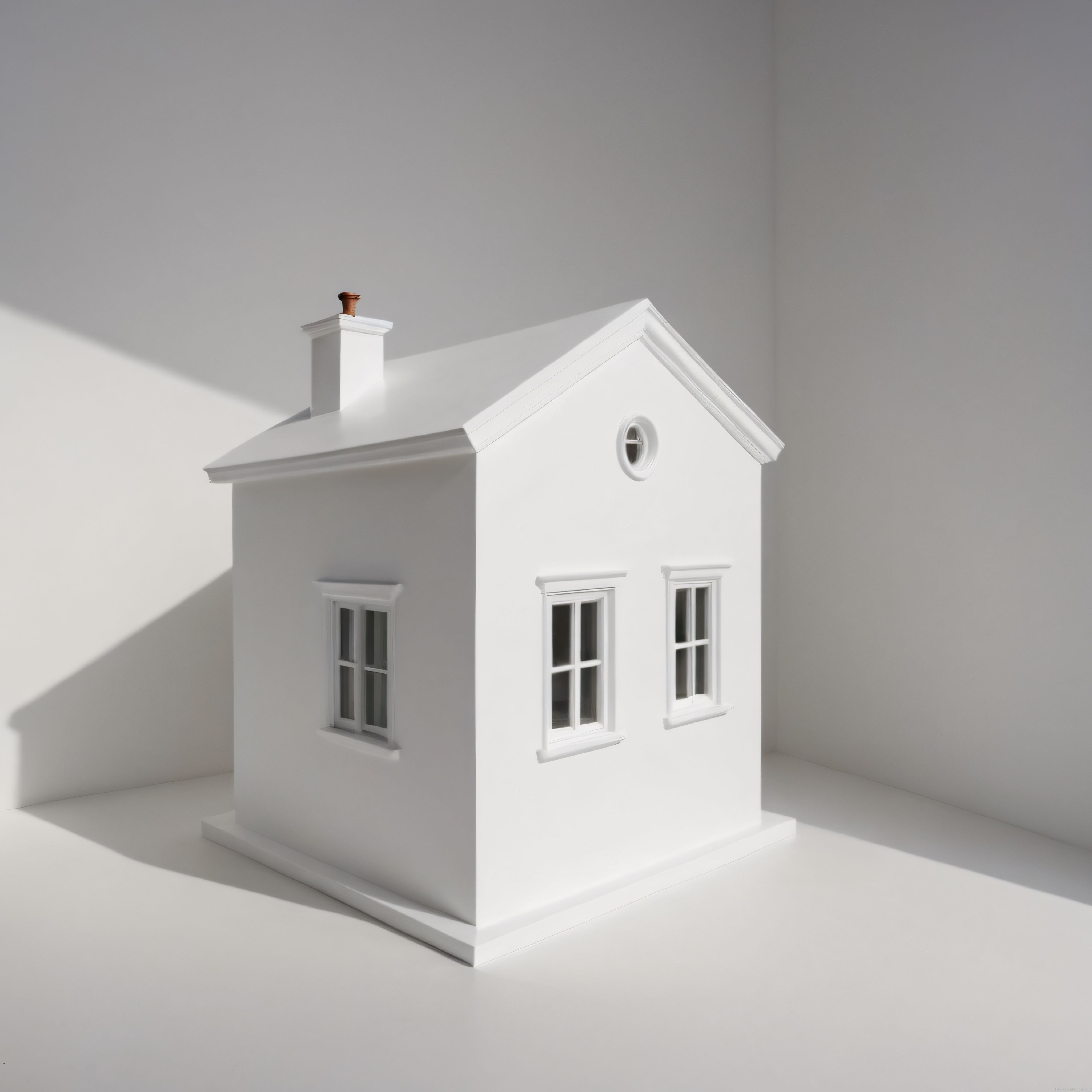 Minimalist Beyaz Stüdyoda Küçük Maket Ev ve Yumuşak Doğal Işık Detayları