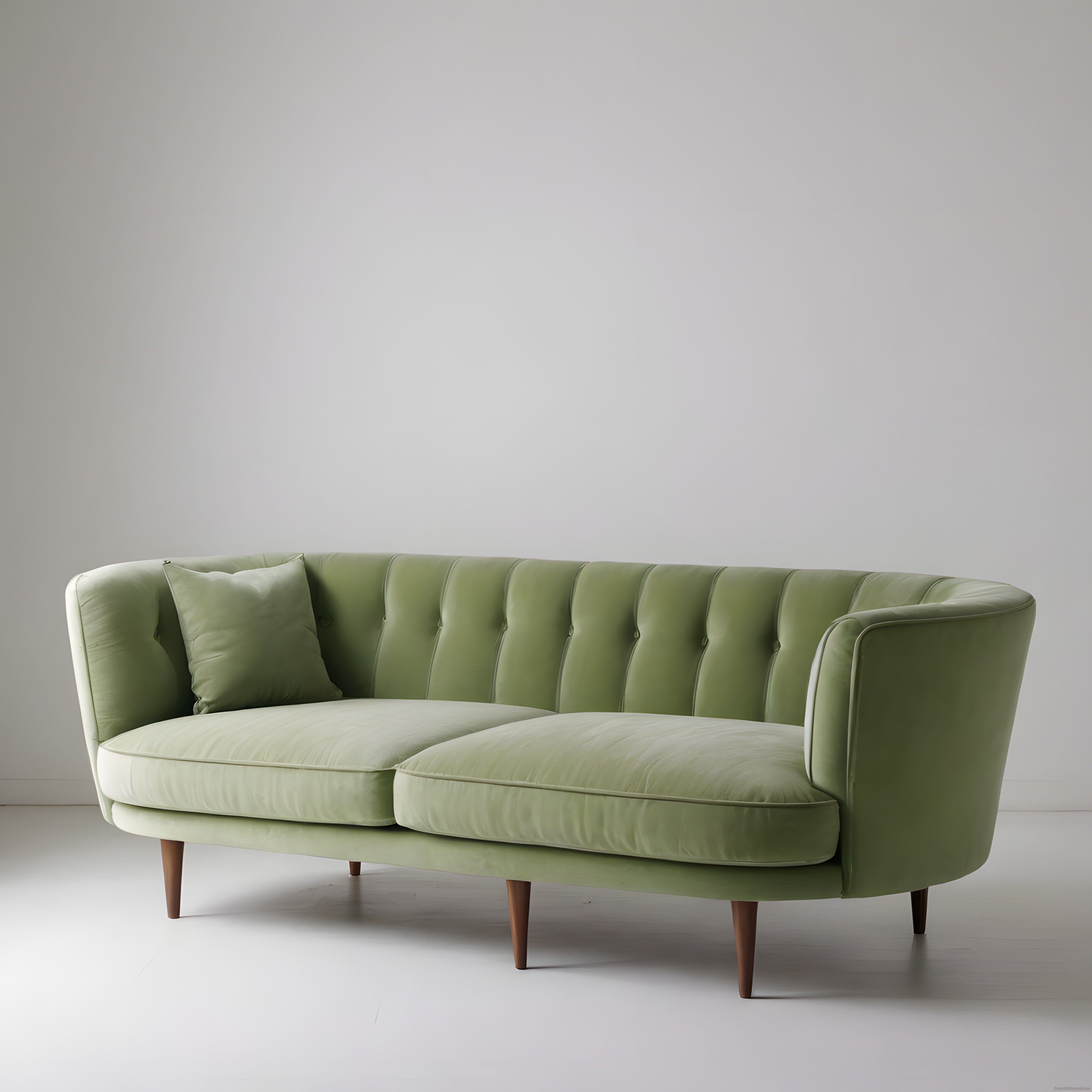 Minimalist Beyaz Stüdyoda Modern Yeşil Kadife Kanepe ve Dekoratif Yastık