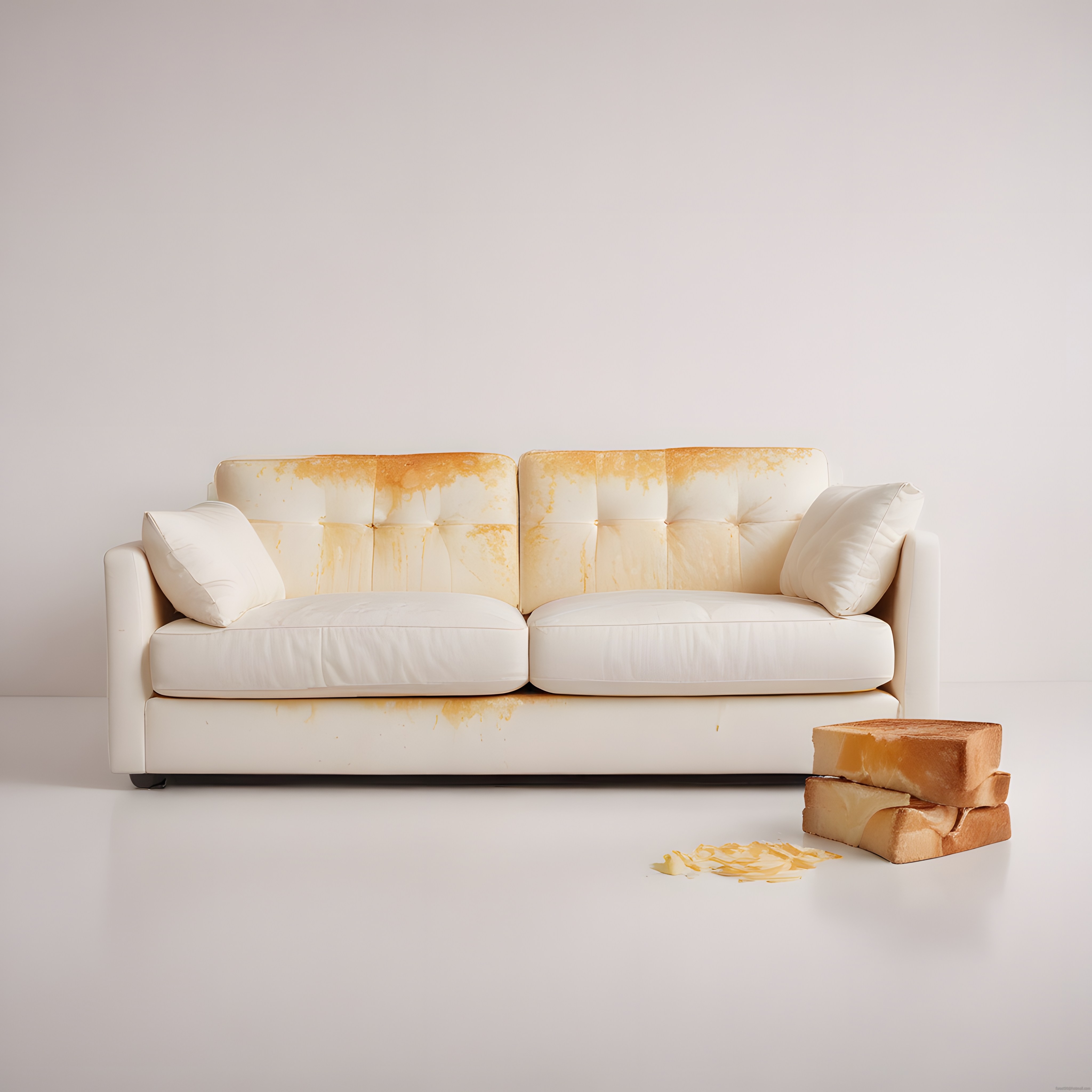 Minimalist beyaz stüdyoda tereyağı lekeli kanepe ve ekmek dilimleri
