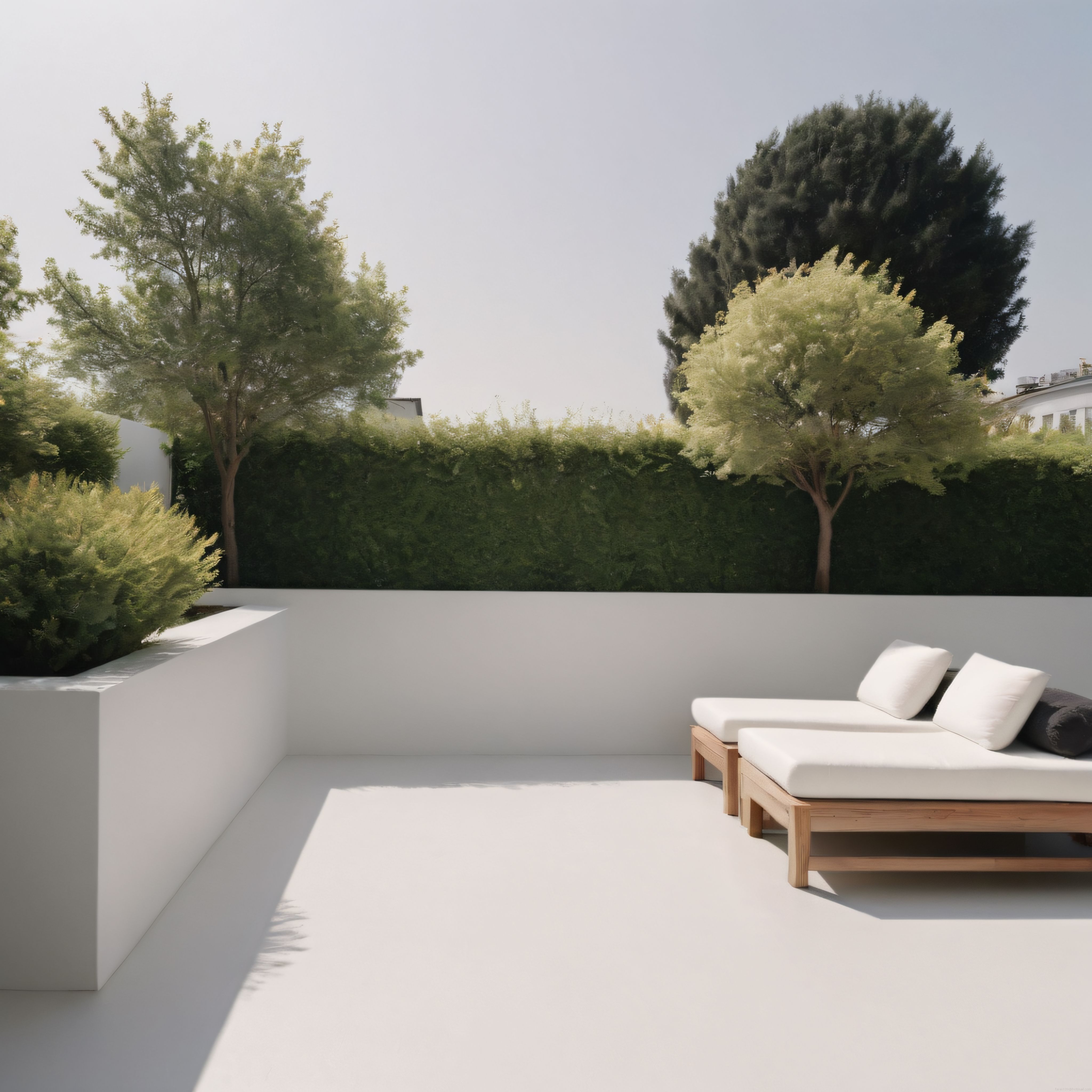 Minimalist Beyaz Teras Tasarımında Ahşap Mobilya ve Yeşilin Sakin Uyumu