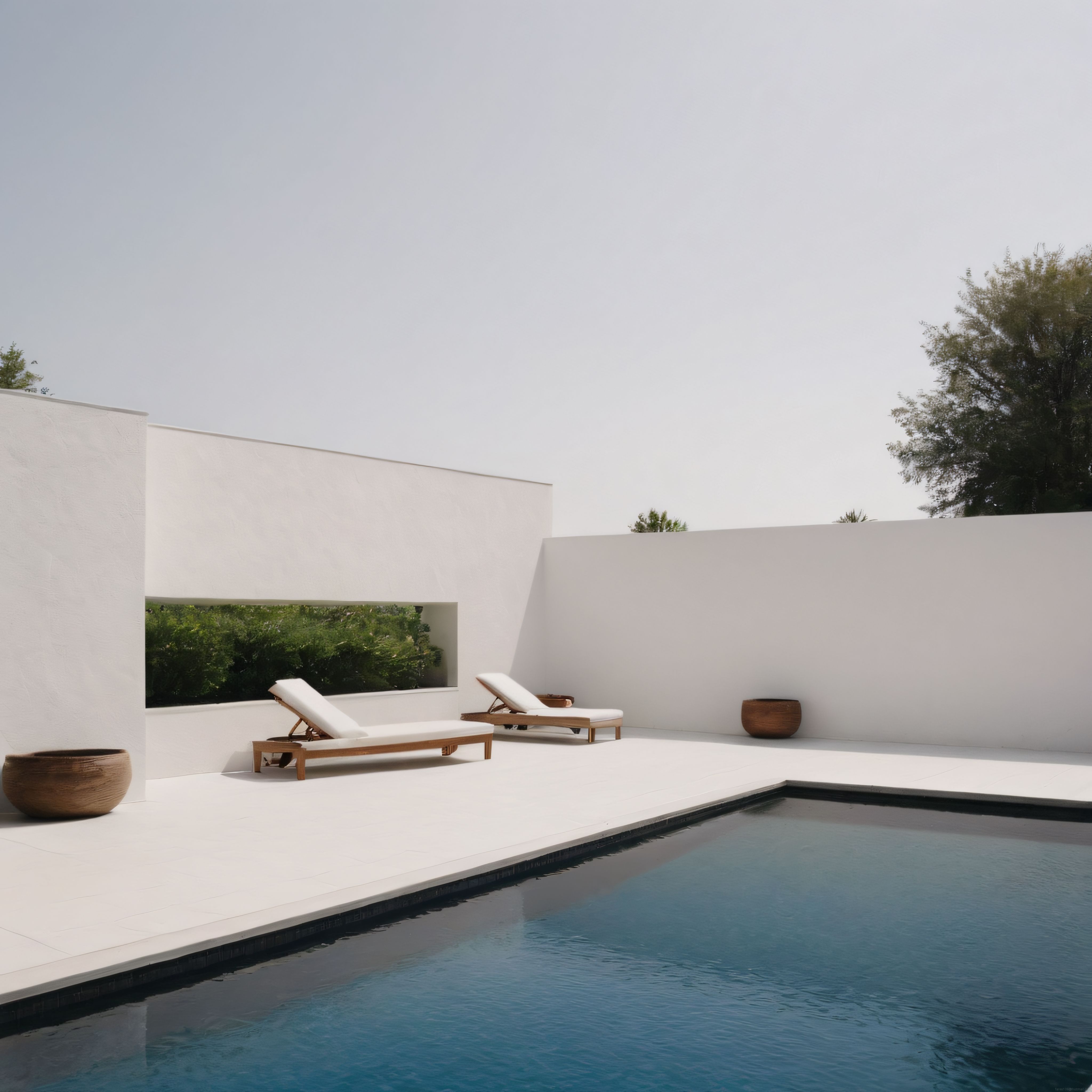 Minimalist Beyaz Teras ve Lüks Şezlonglarla Huzurlu Otel Havuzu