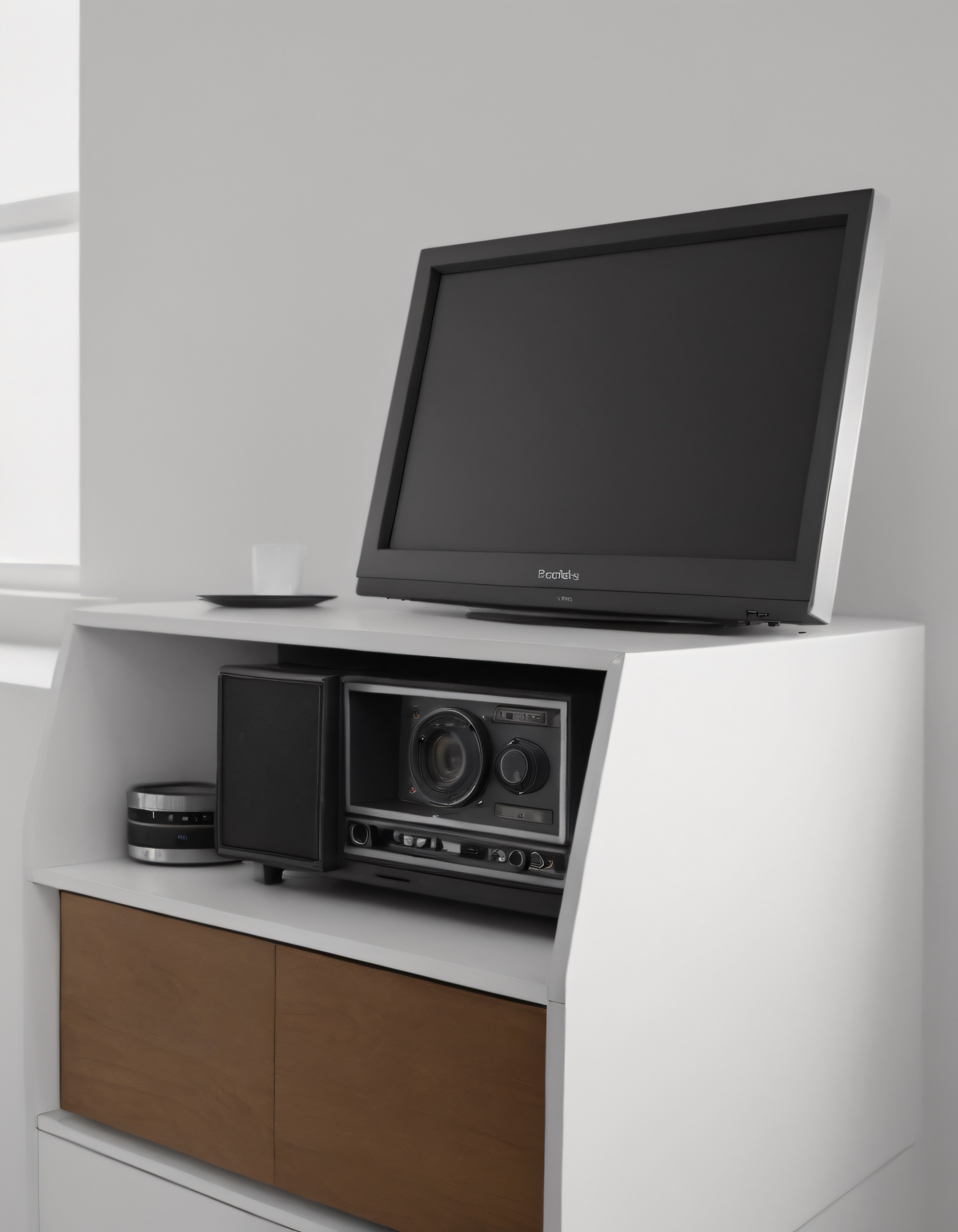 Minimalist Beyaz TV Ünitesi Üzerinde Retro Televizyon ve Radyo Detayı