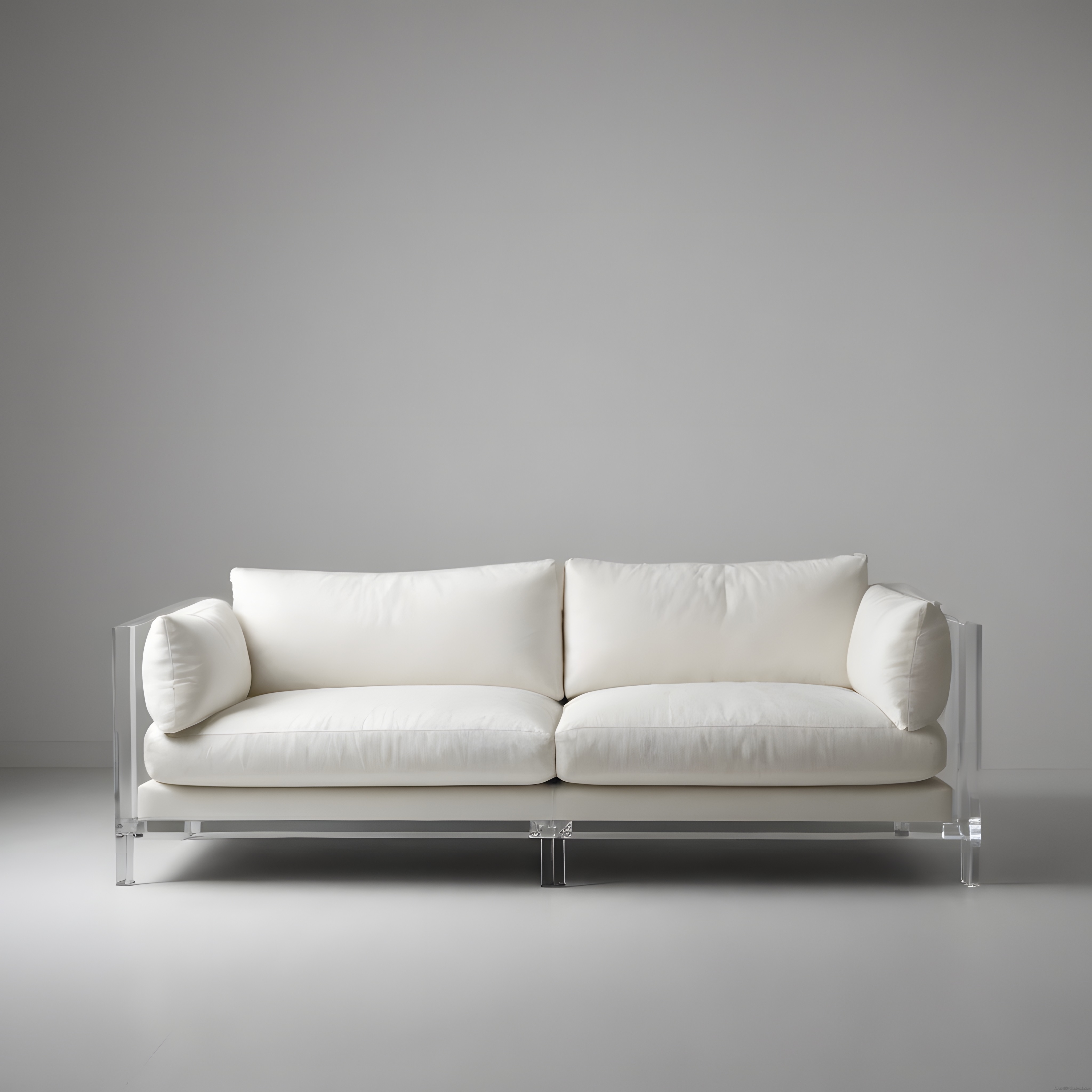 Minimalist Beyaz Üçlü Kanepe Şeffaf Akrilik Ayaklar Gri Stüdyo