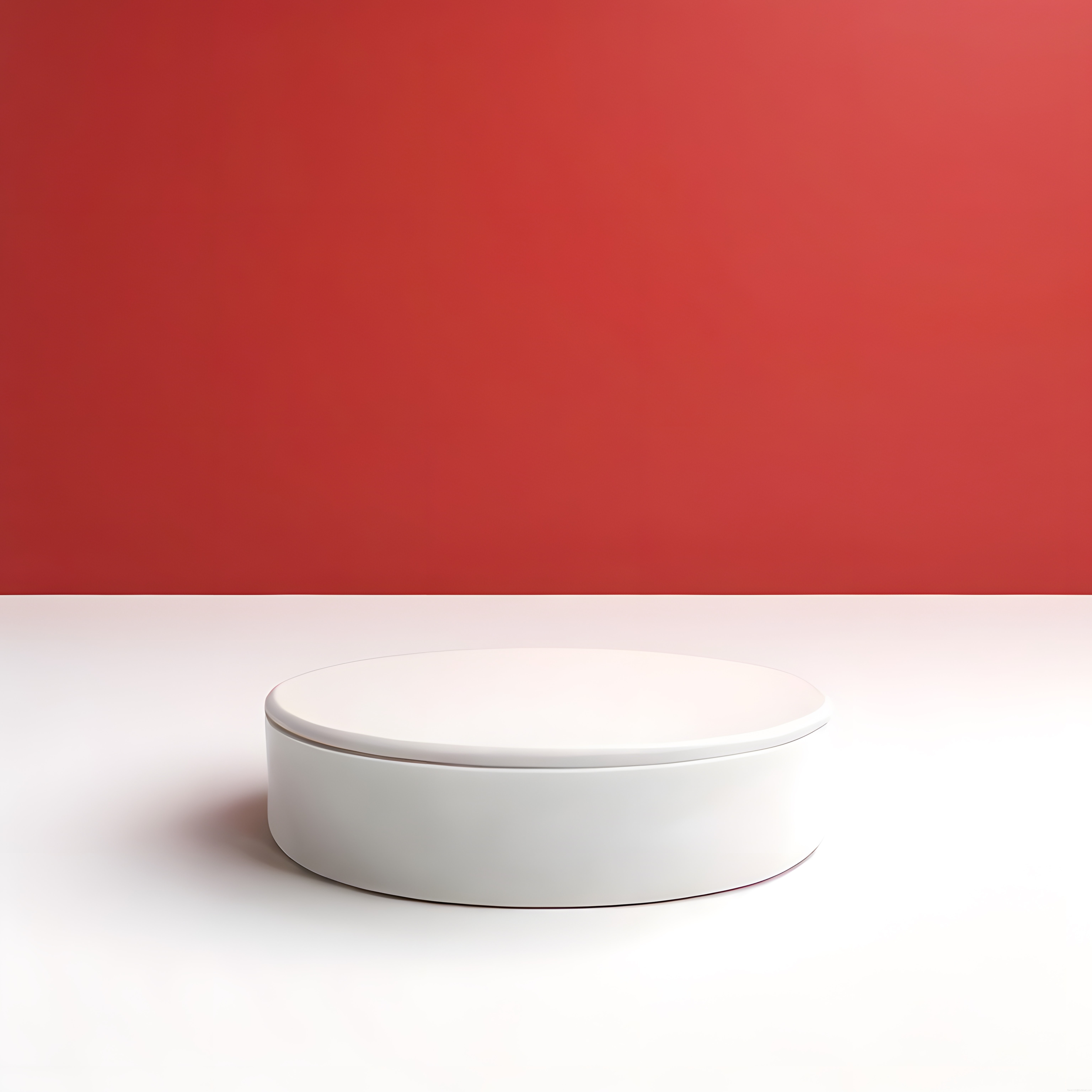Minimalist beyaz ürün podyumu ve kırmızı arka plan ile modern vitrin tasarımı