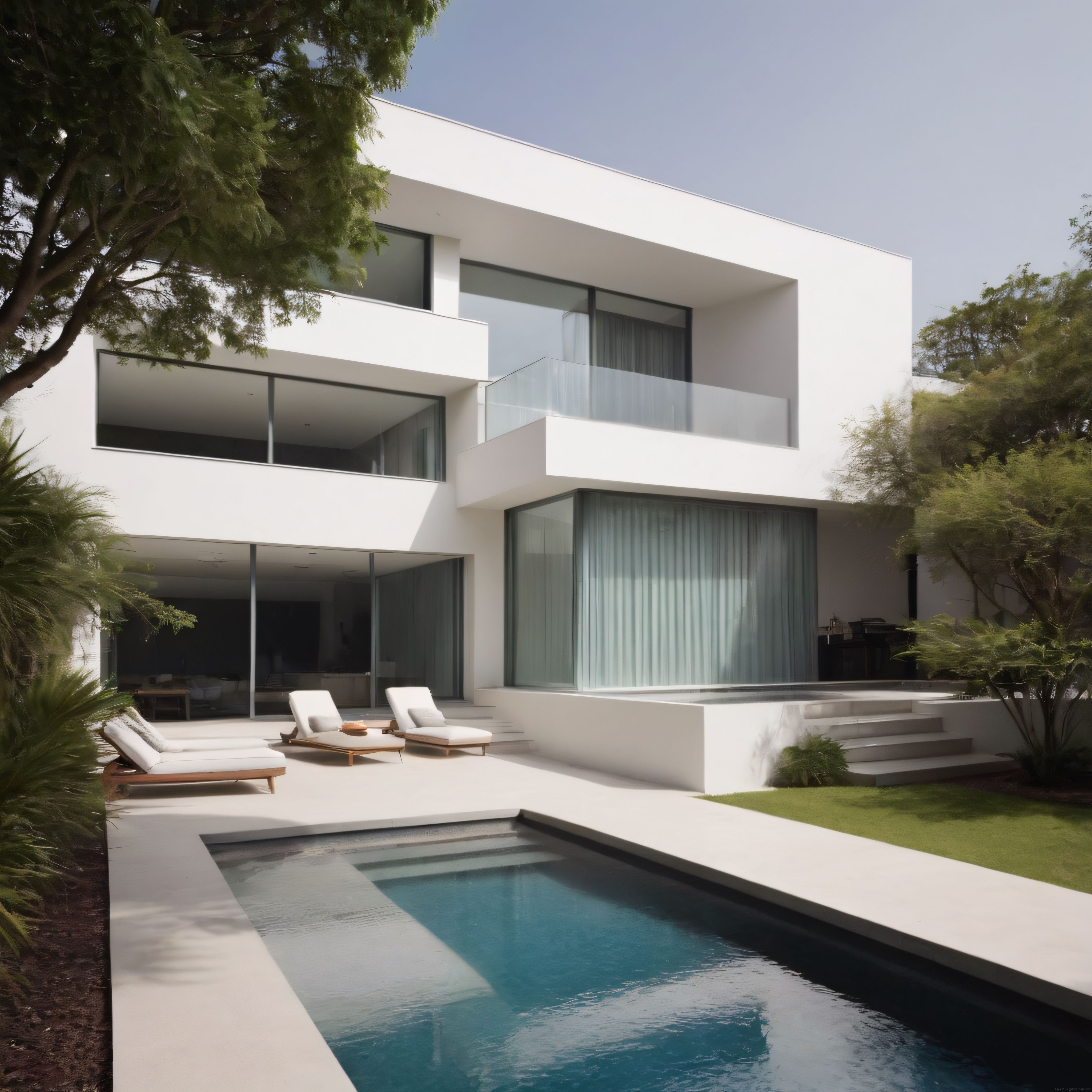 minimalist beyaz villa cam cephe ve havuzlu bahçe ile modern mimari örneği