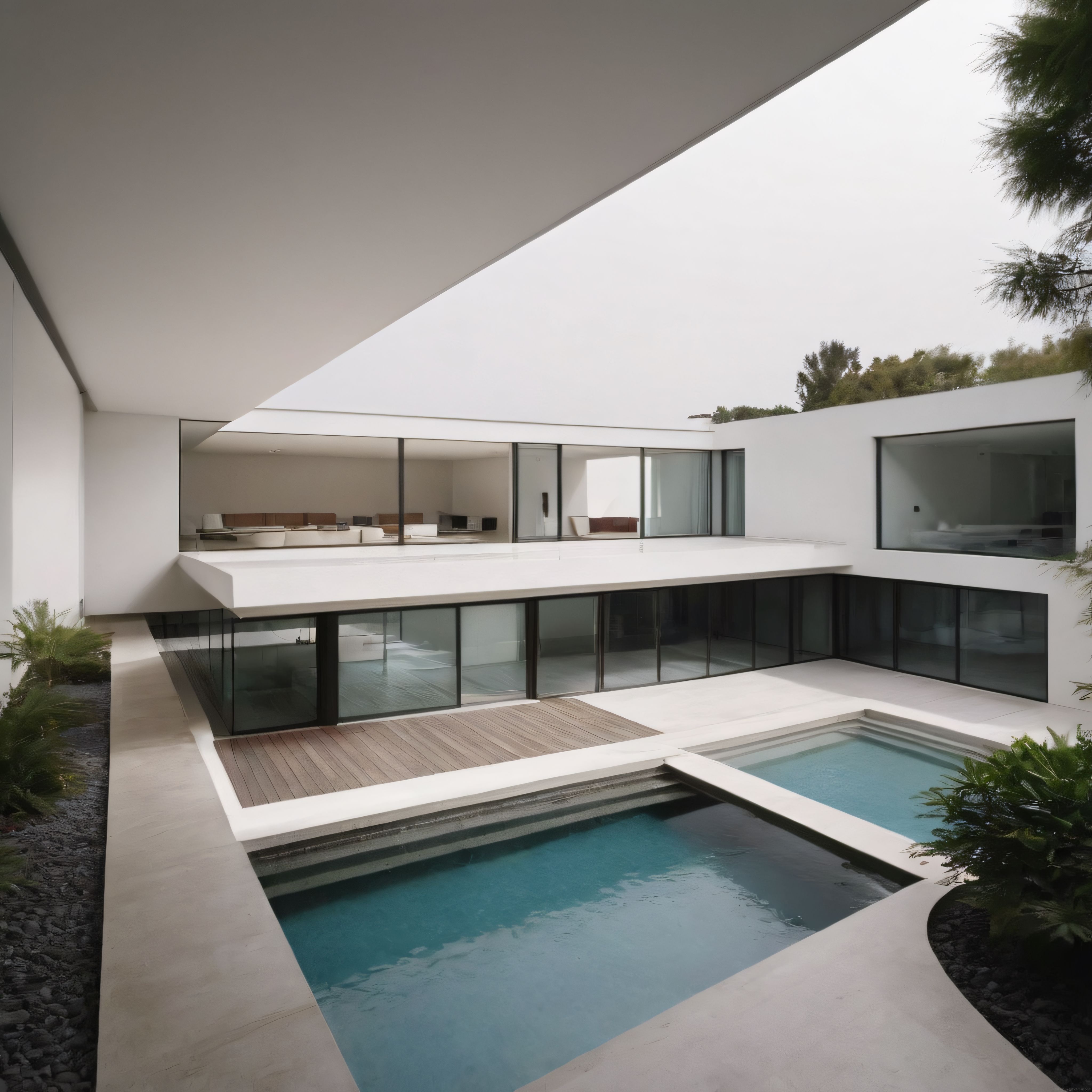 Minimalist Beyaz Villa: Cam Cepheler, Ahşap Teras ve Mavi Havuzlu Modern Mimari