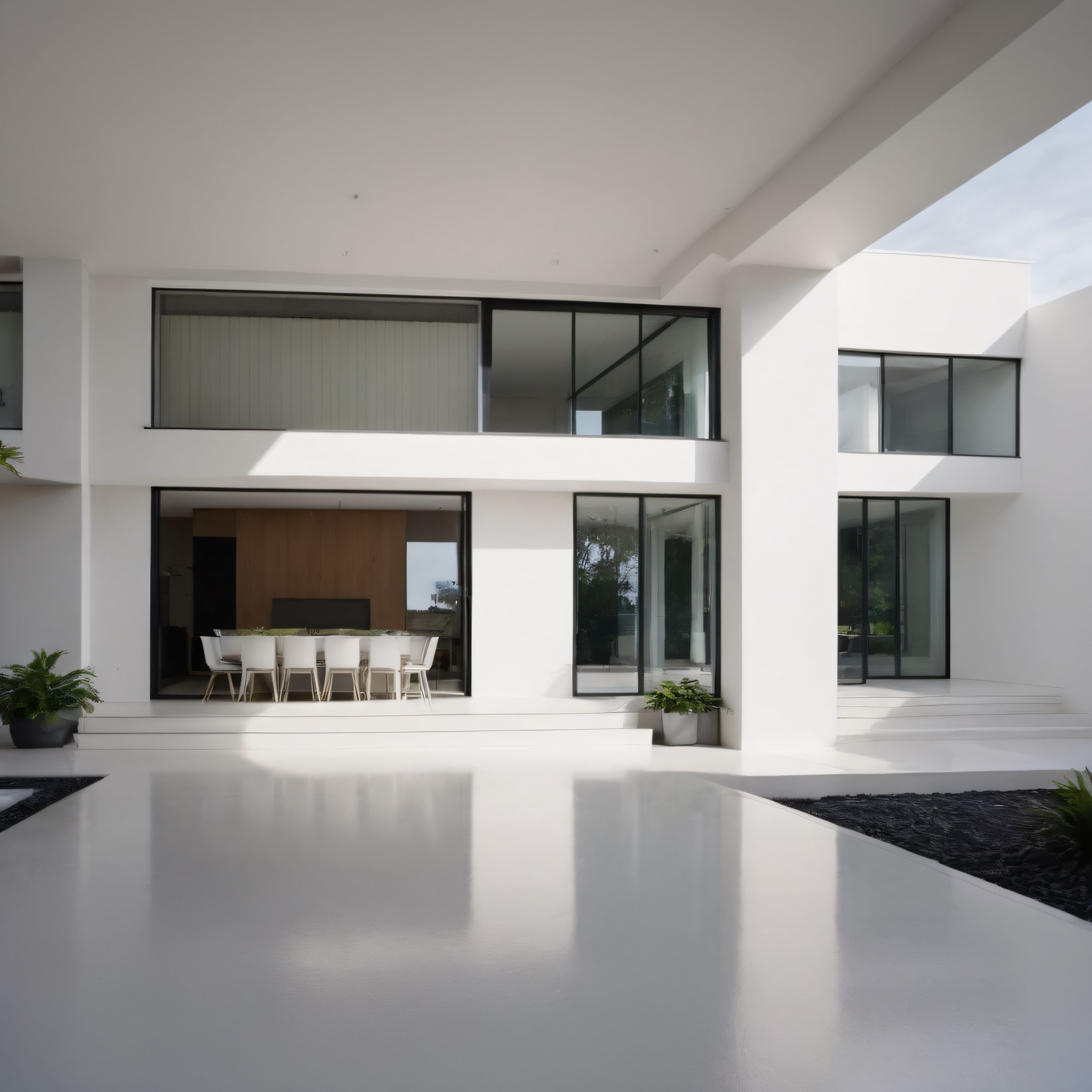 Minimalist Beyaz Villa: Cam Duvarlar ve Yansımalı Avlu ile Modern Yaşam