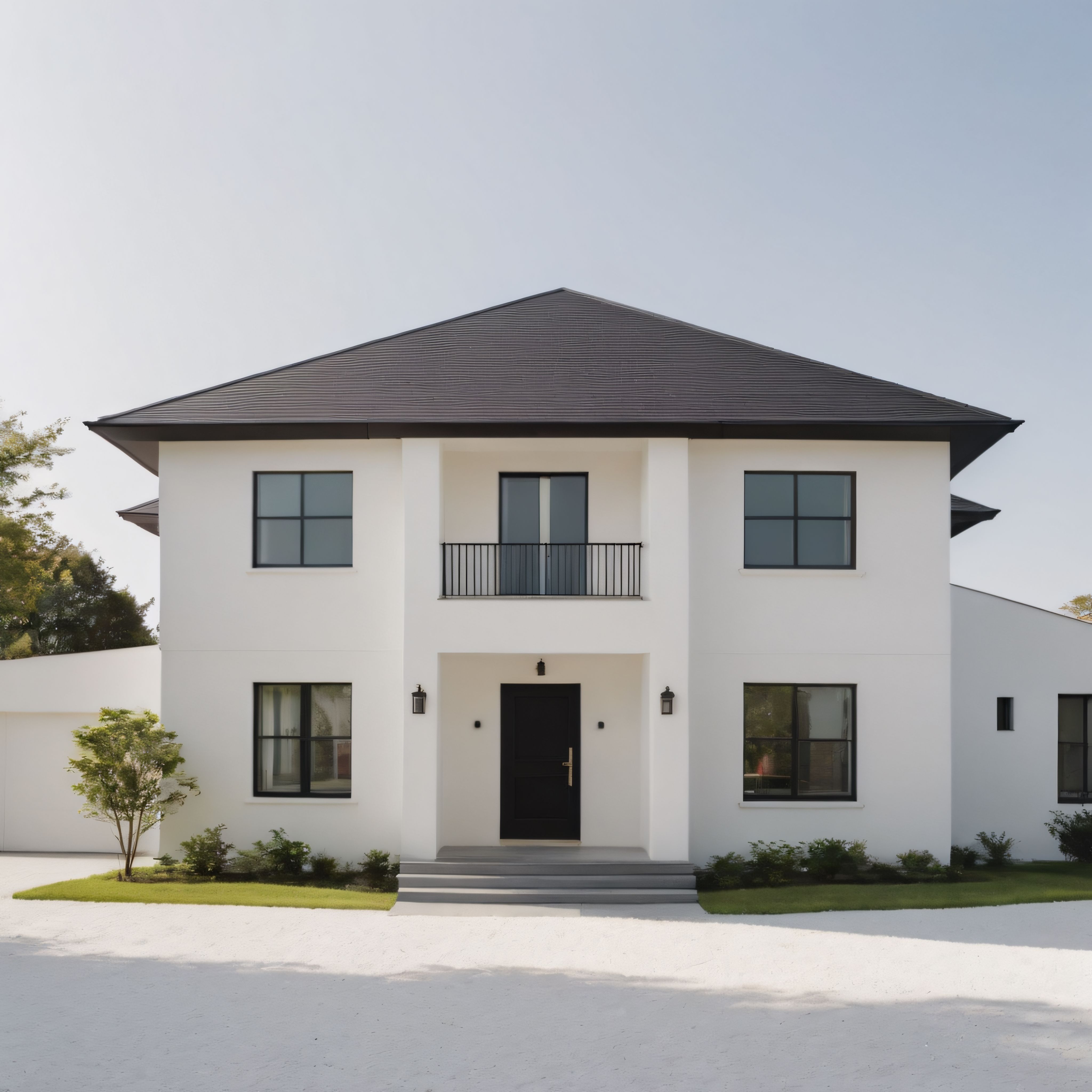 Minimalist beyaz villa cephesi, modern sıradağ çatı ve şık siyah detaylar