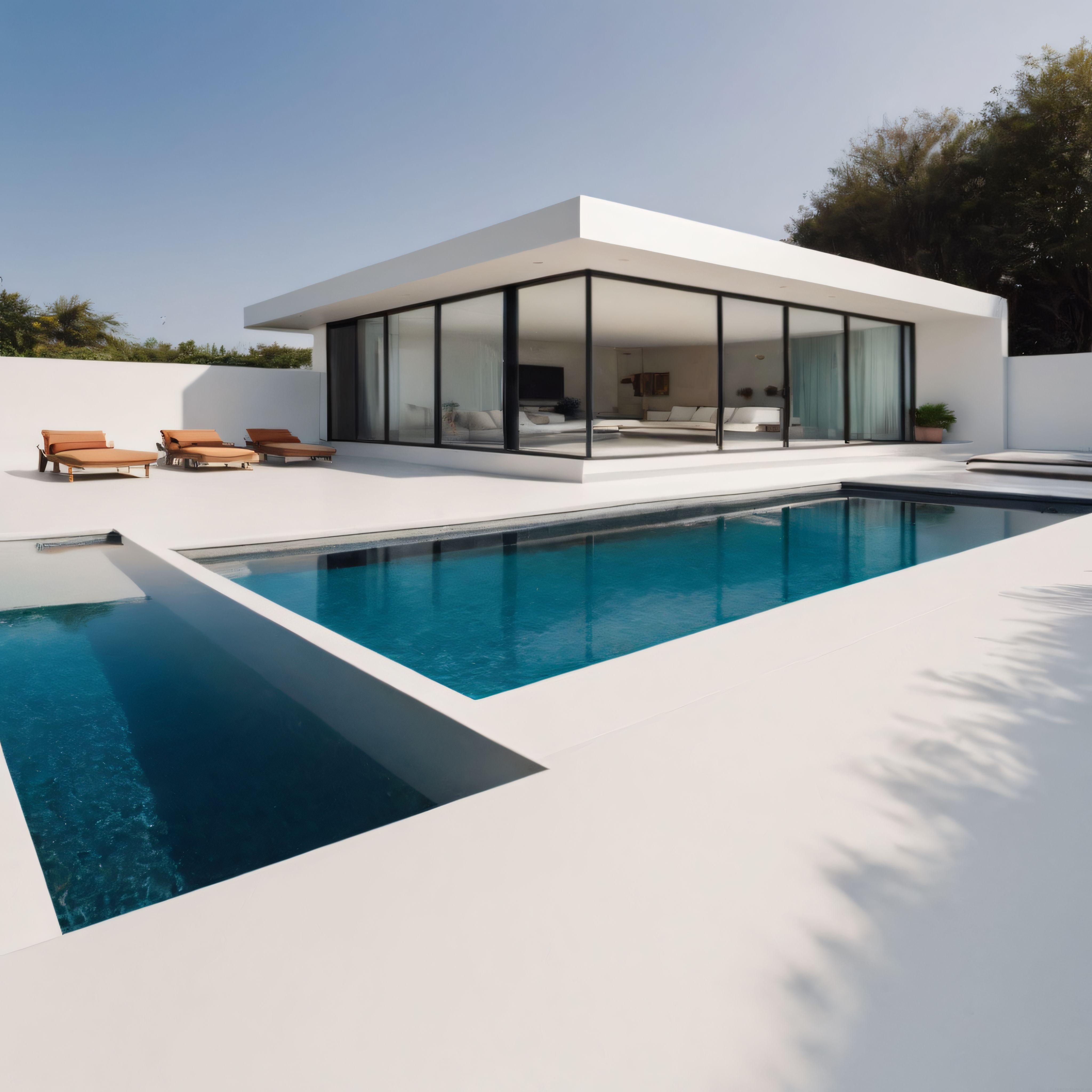 Minimalist Beyaz Villa, Geniş Cam Cephe ve Geometrik Yüzme Havuzu