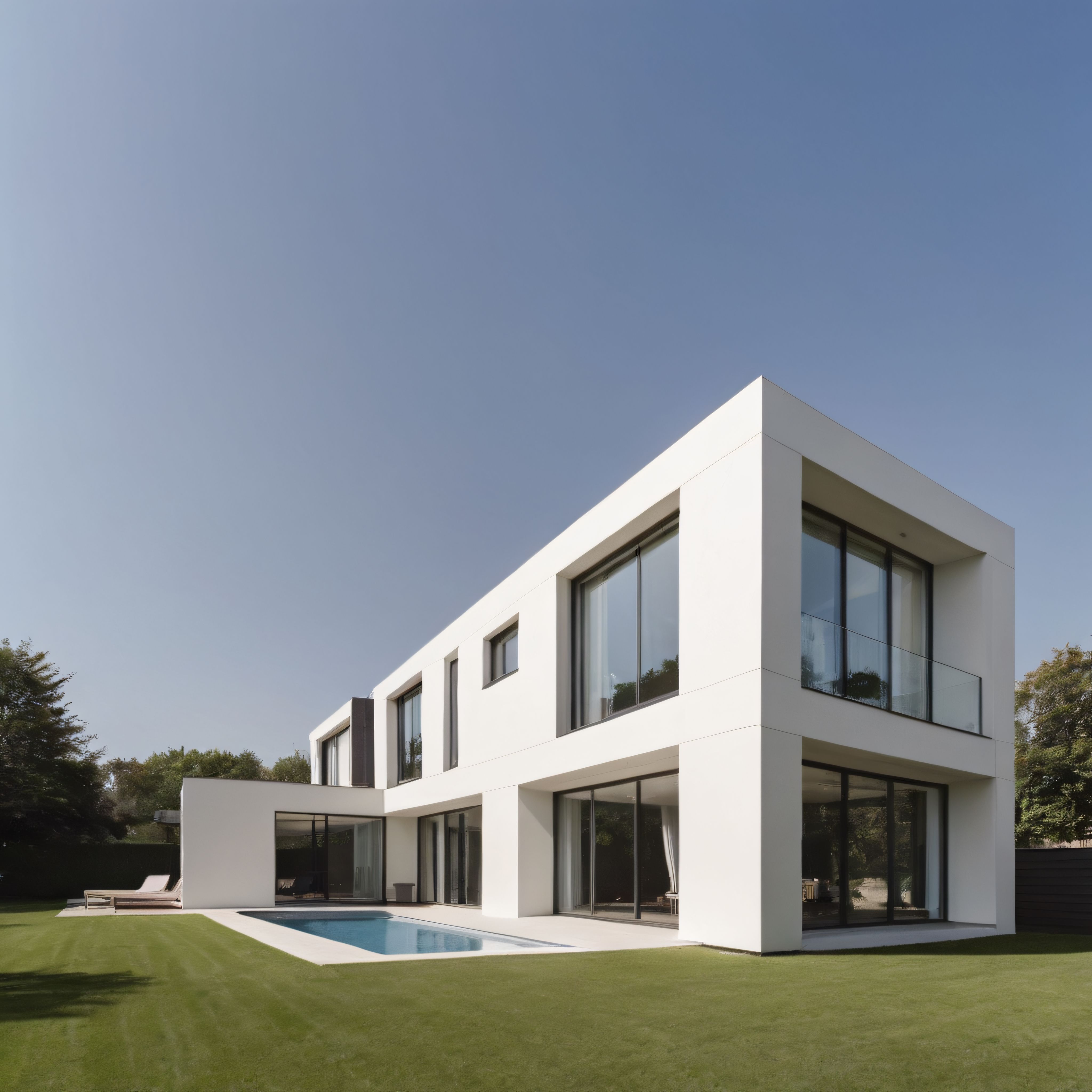 Minimalist Beyaz Villa, Geniş Cam Cepheleri ve Havuzlu Modern Konut