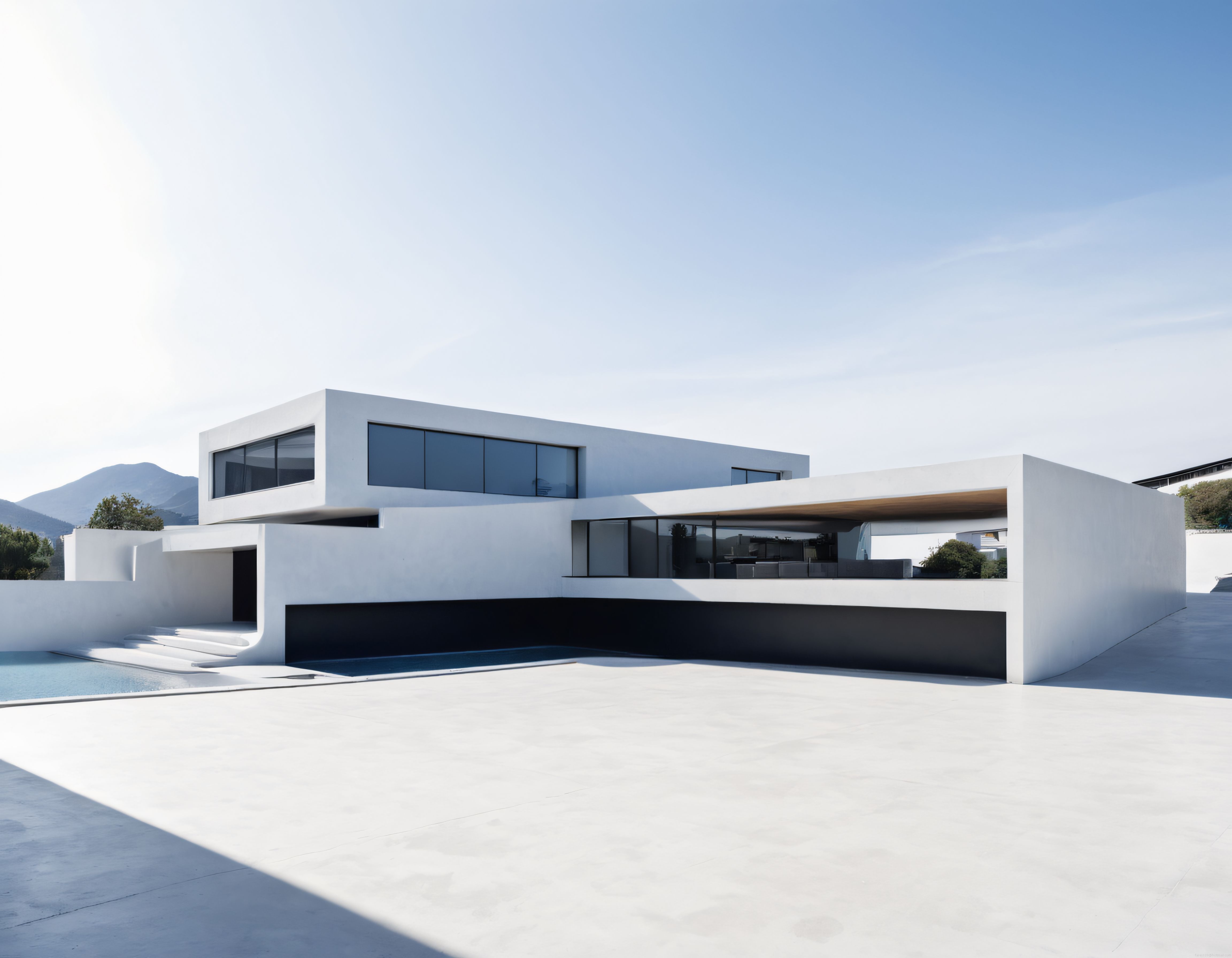 minimalist beyaz villa havuz ve dağ manzarasıyla çağdaş lüks konut mimarisi