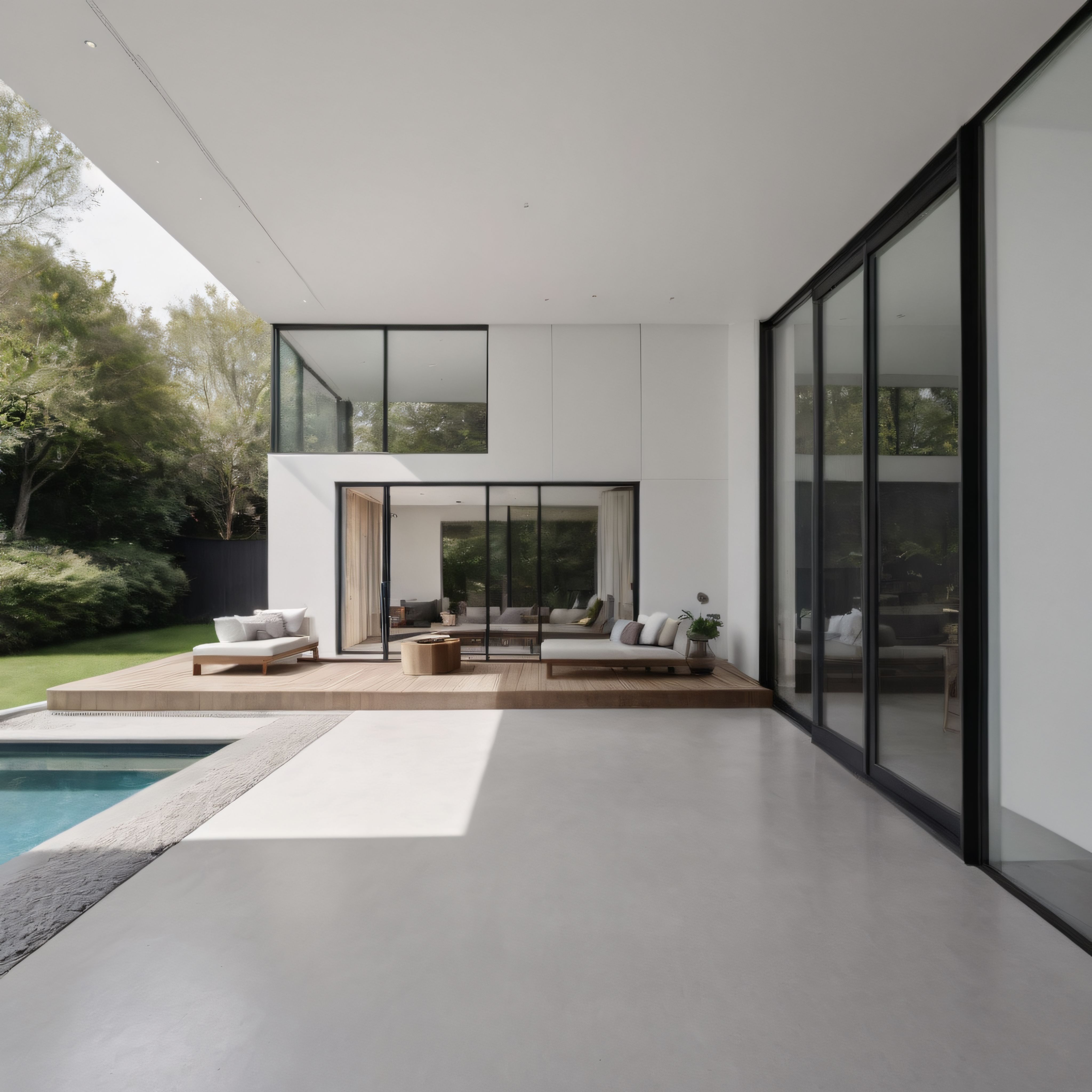 Minimalist Beyaz Villa, Havuzlu Ahşap Teras ve Yeşil Bahçe Peyzajı