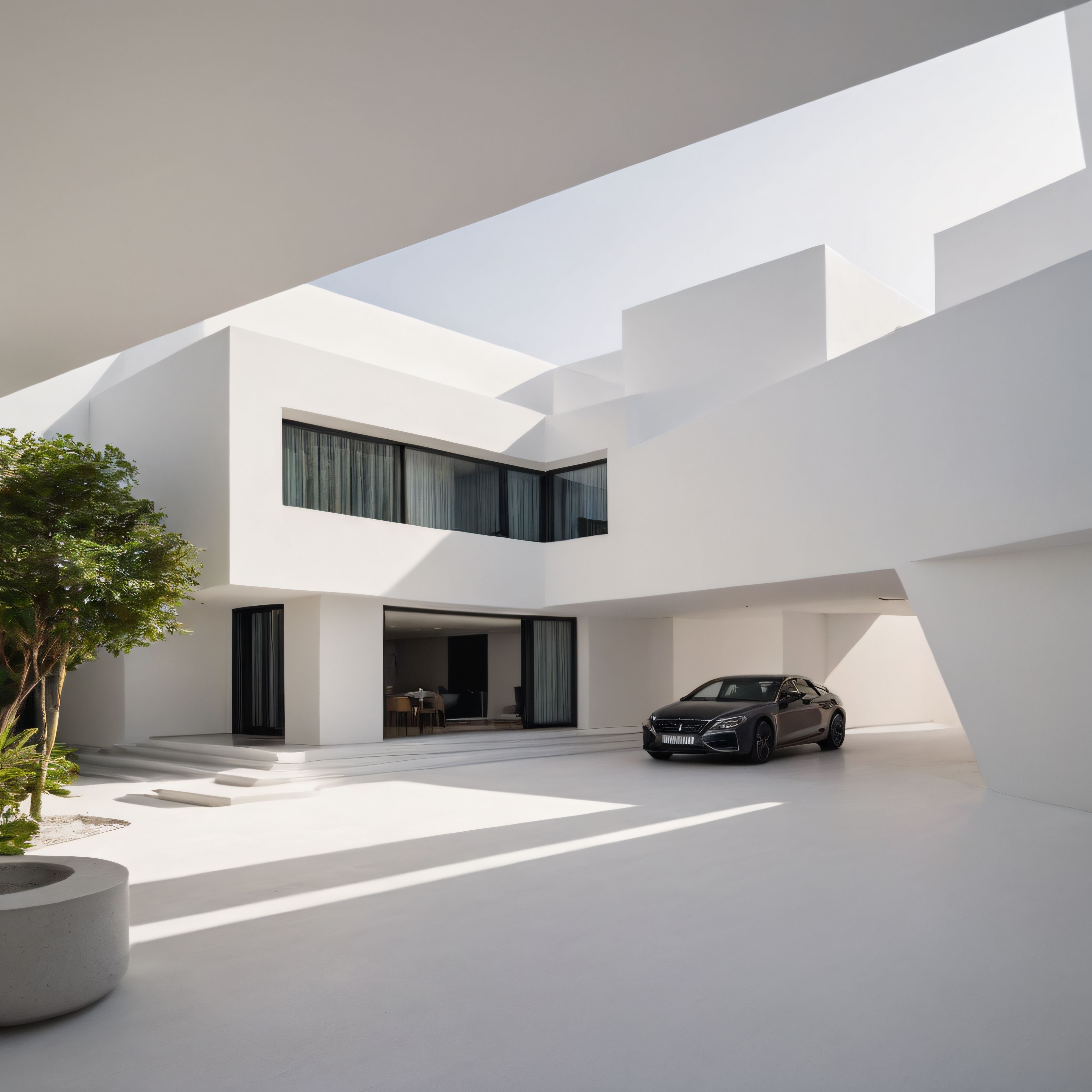 Minimalist beyaz villa iç avlusunda geometrik gölgeler ve sade çizgiler