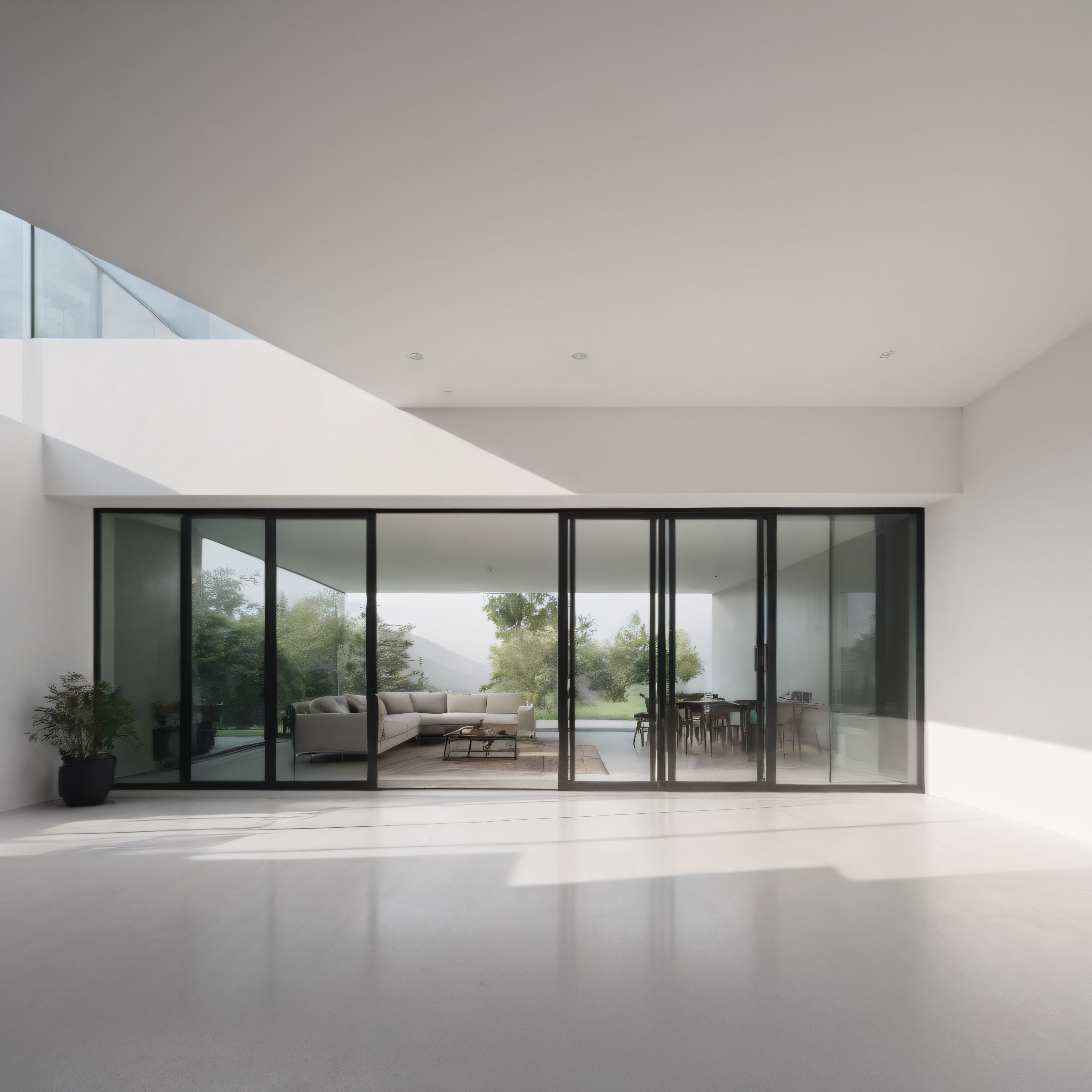 minimalist beyaz villa iç mekanı geniş cam cepheler ve yüksek tavanlar