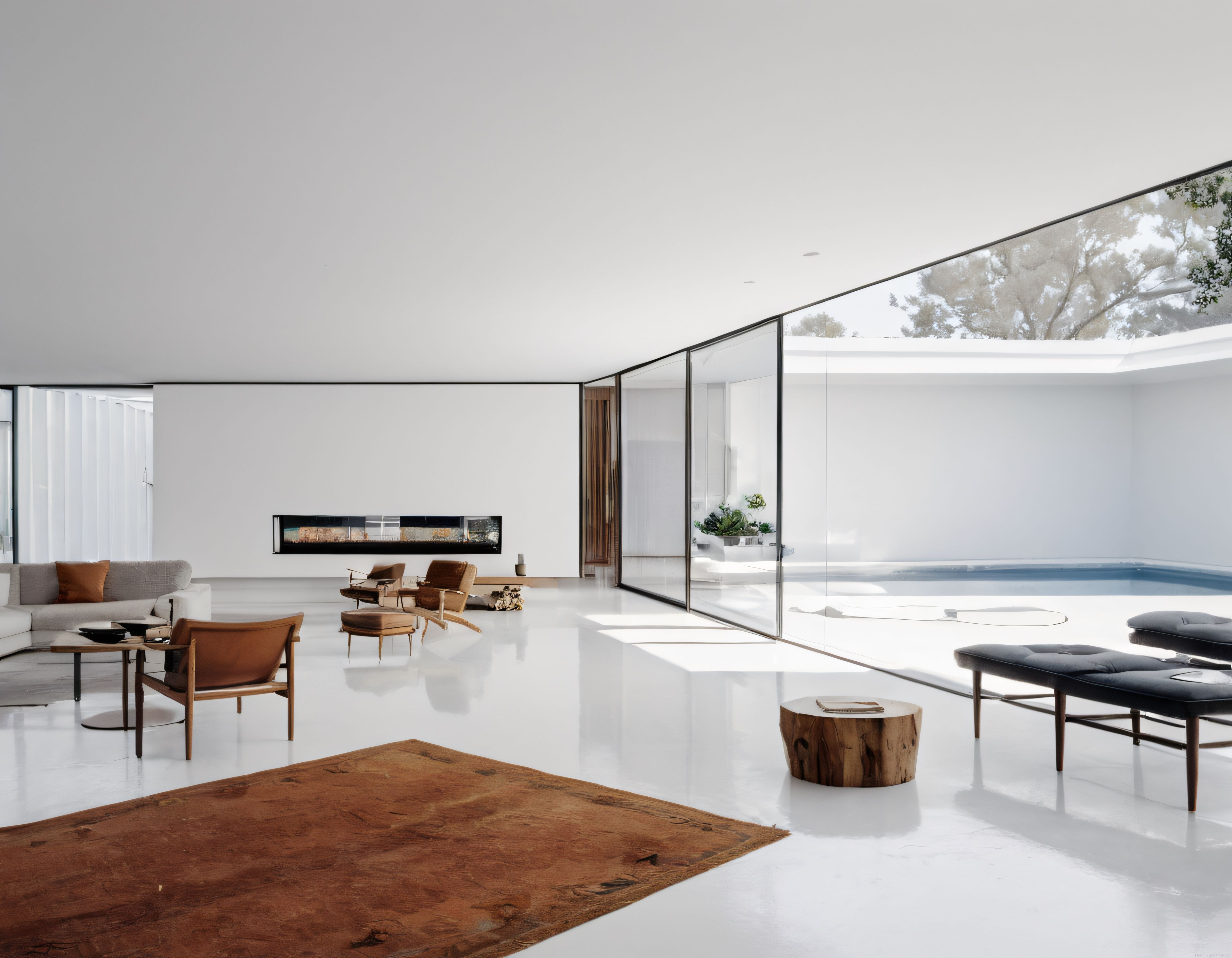 Minimalist Beyaz Villa İç Mekanı: Şömine ve Havuz Kenarında Modern Yaşam