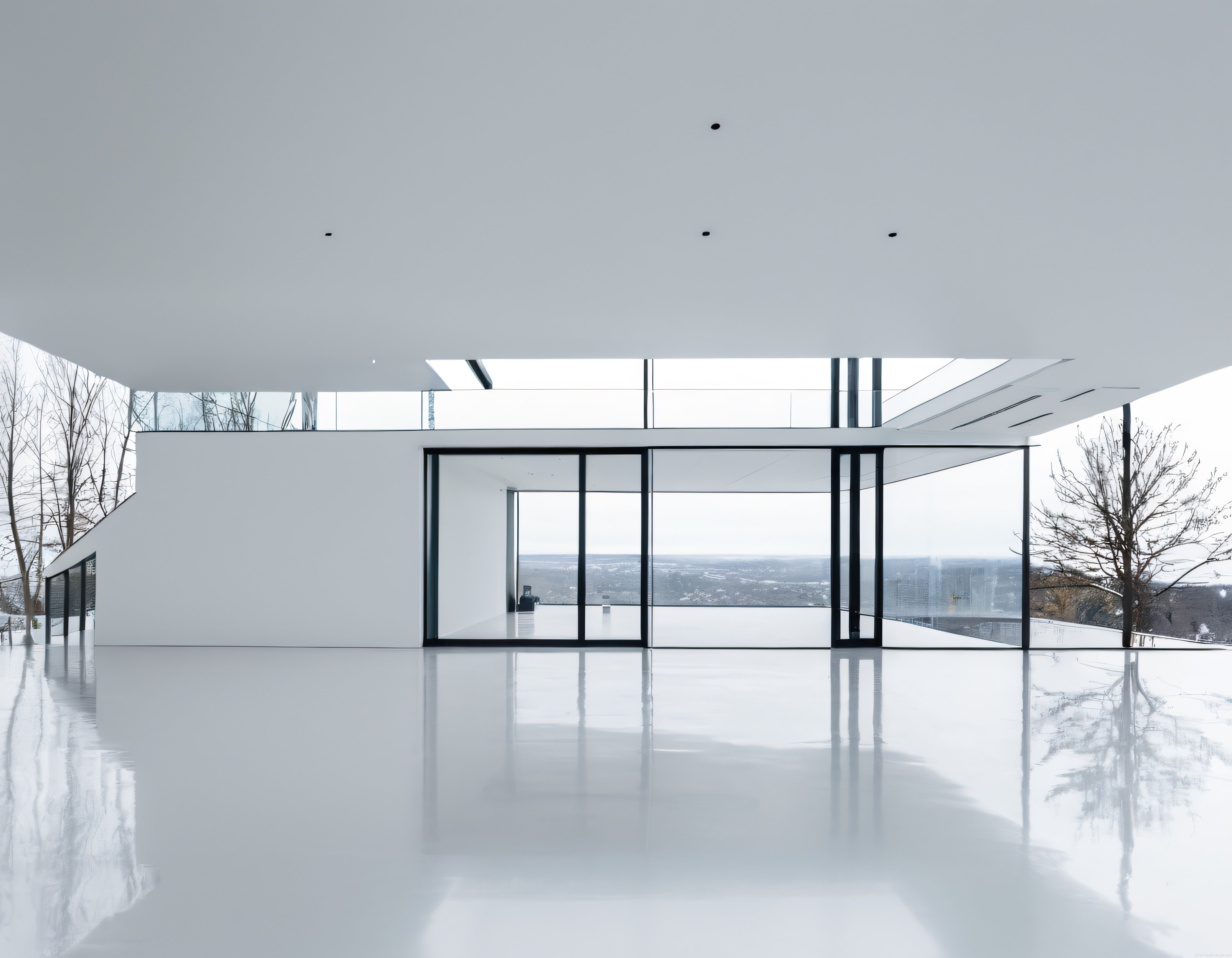 Minimalist Beyaz Villa İç Mekânı ve Panoramik Manzaralı Cam Cephe