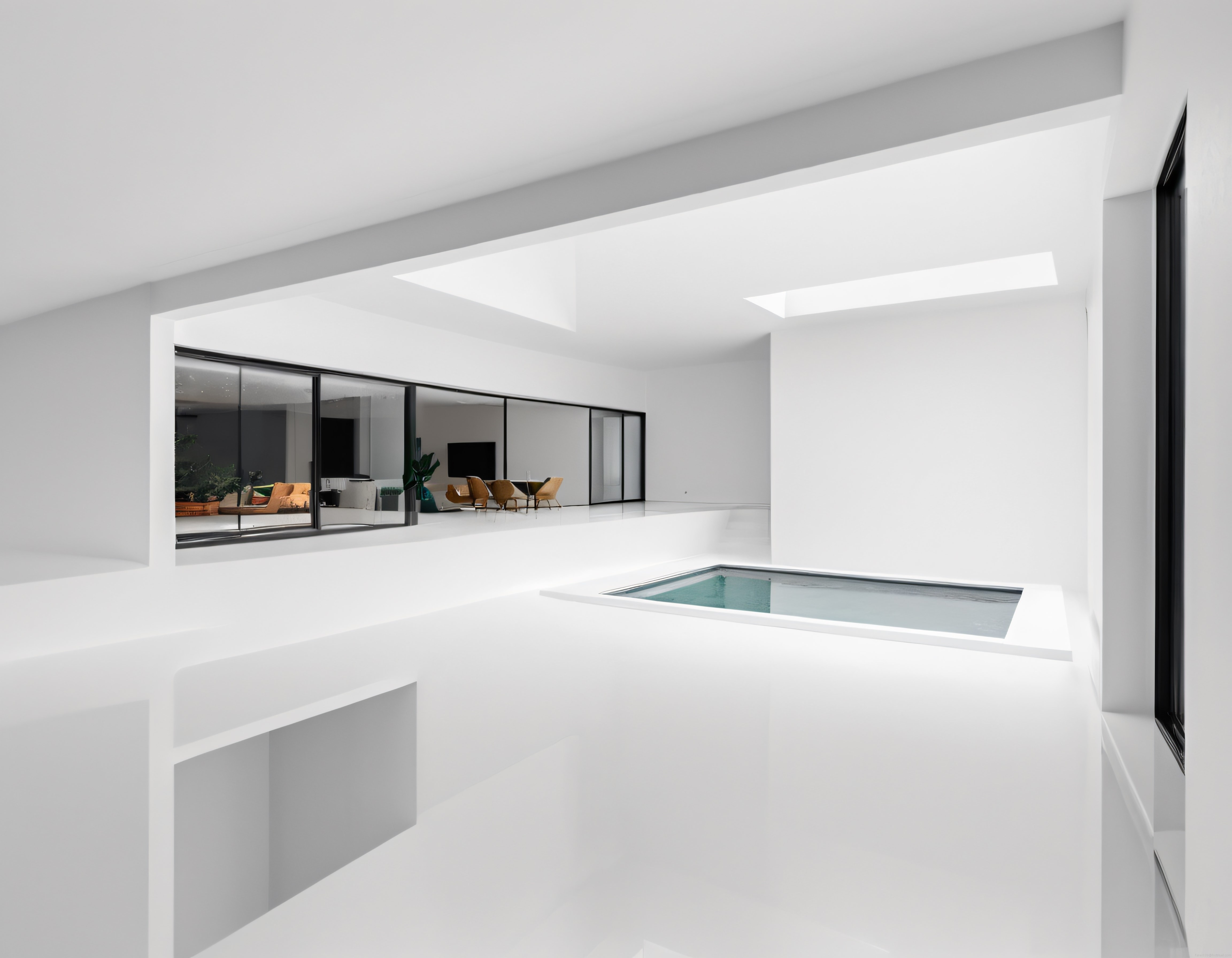 minimalist beyaz villa iç mekanında geometrik çizgiler ve iç havuz detayları