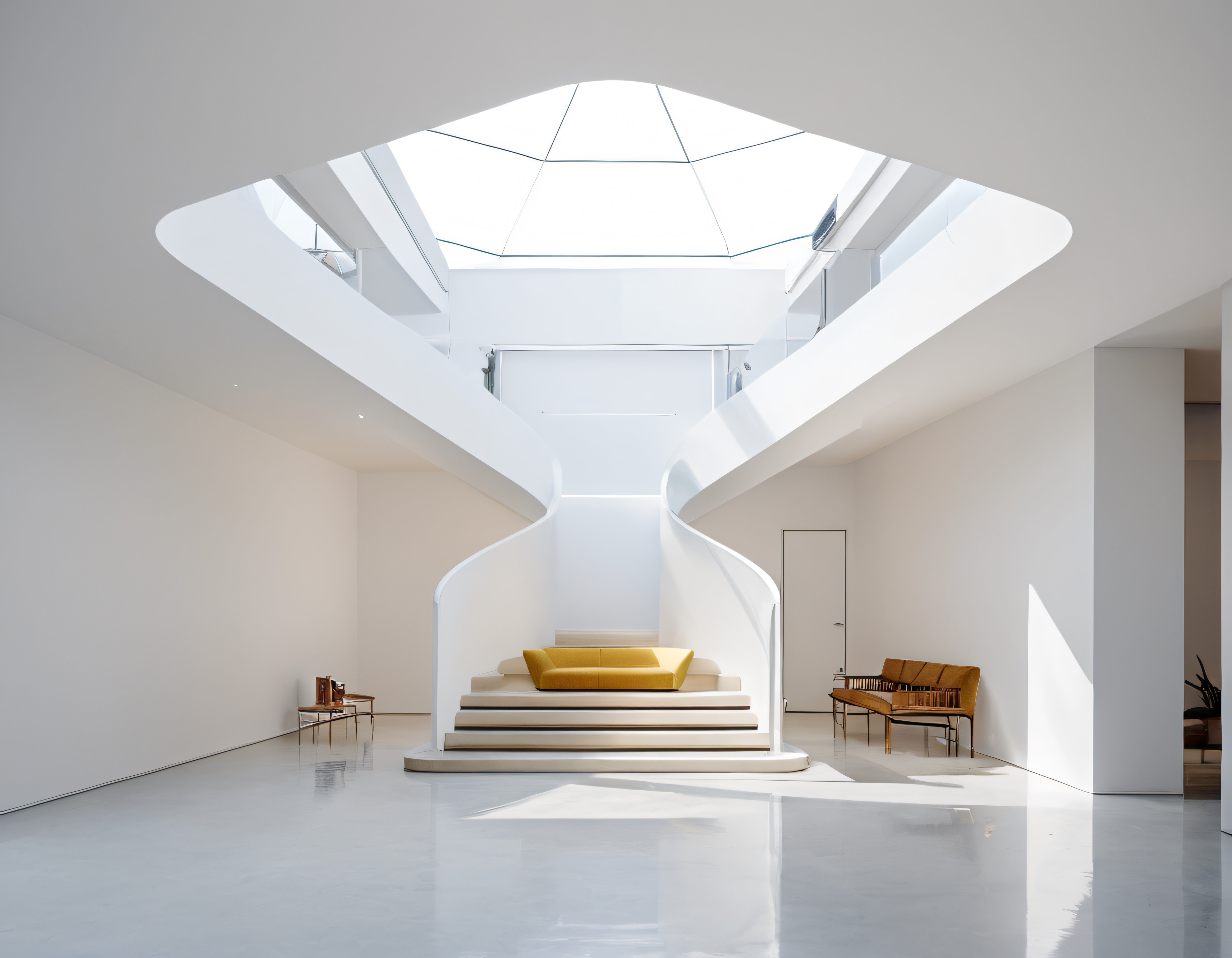 Minimalist Beyaz Villa İçi: Kıvrımlı Merdiven ve Geometrik Cam Tavan Tasarımı