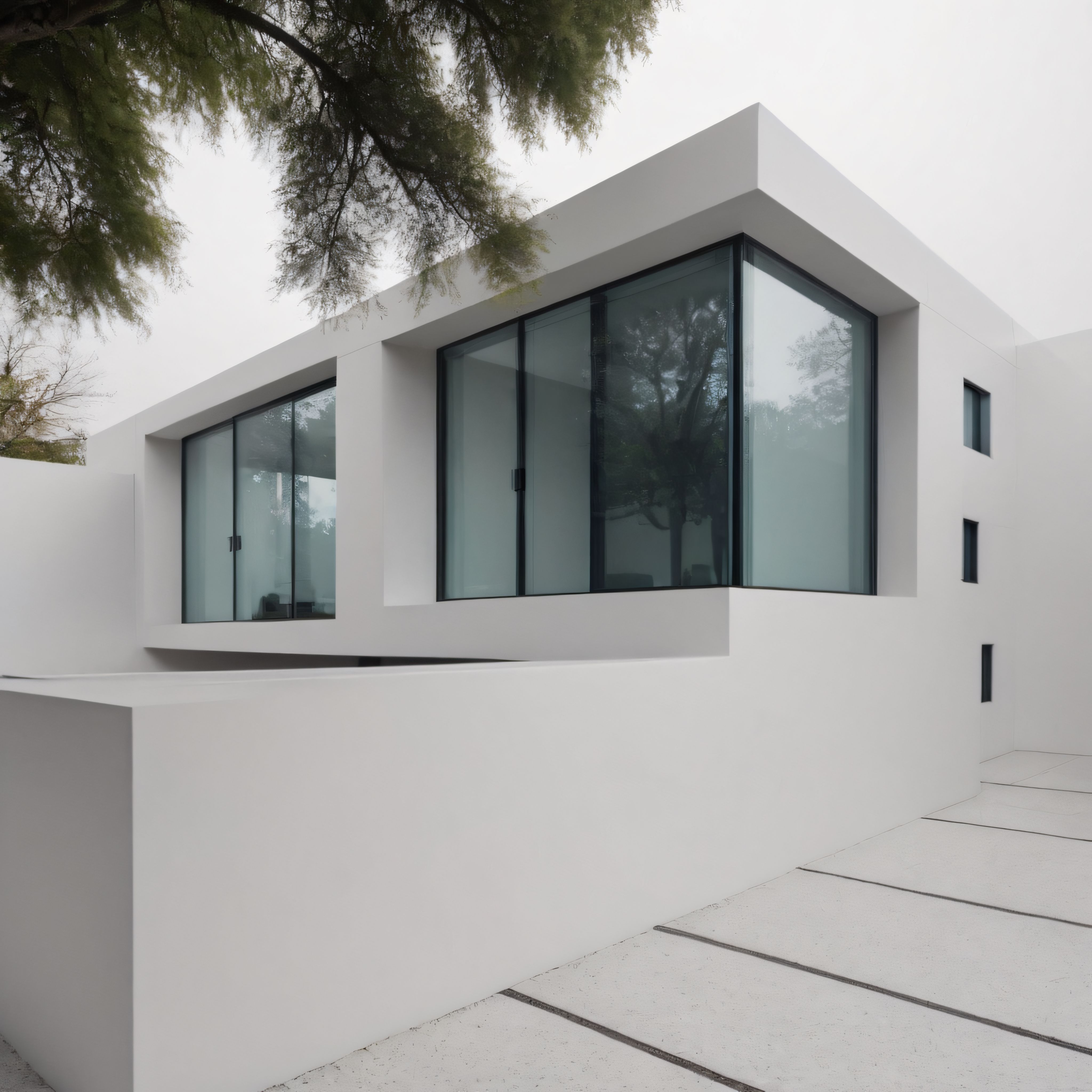 Minimalist Beyaz Villa: Modern Mimari ve Büyük Cam Pencerelerin Uyumu