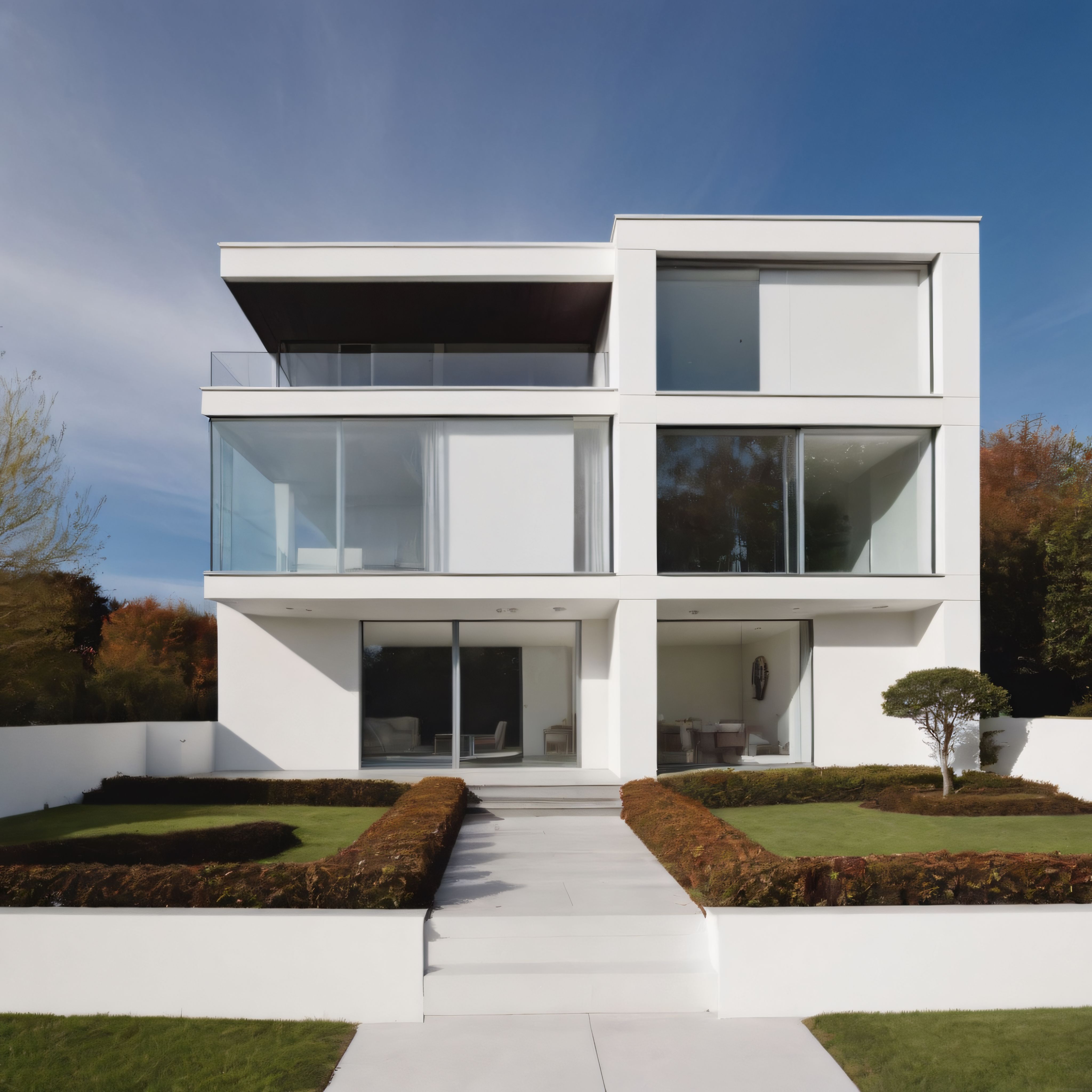 Minimalist Beyaz Villa: Modern Mimari ve Büyük Cam Pencerelerin Zarif Uyumu