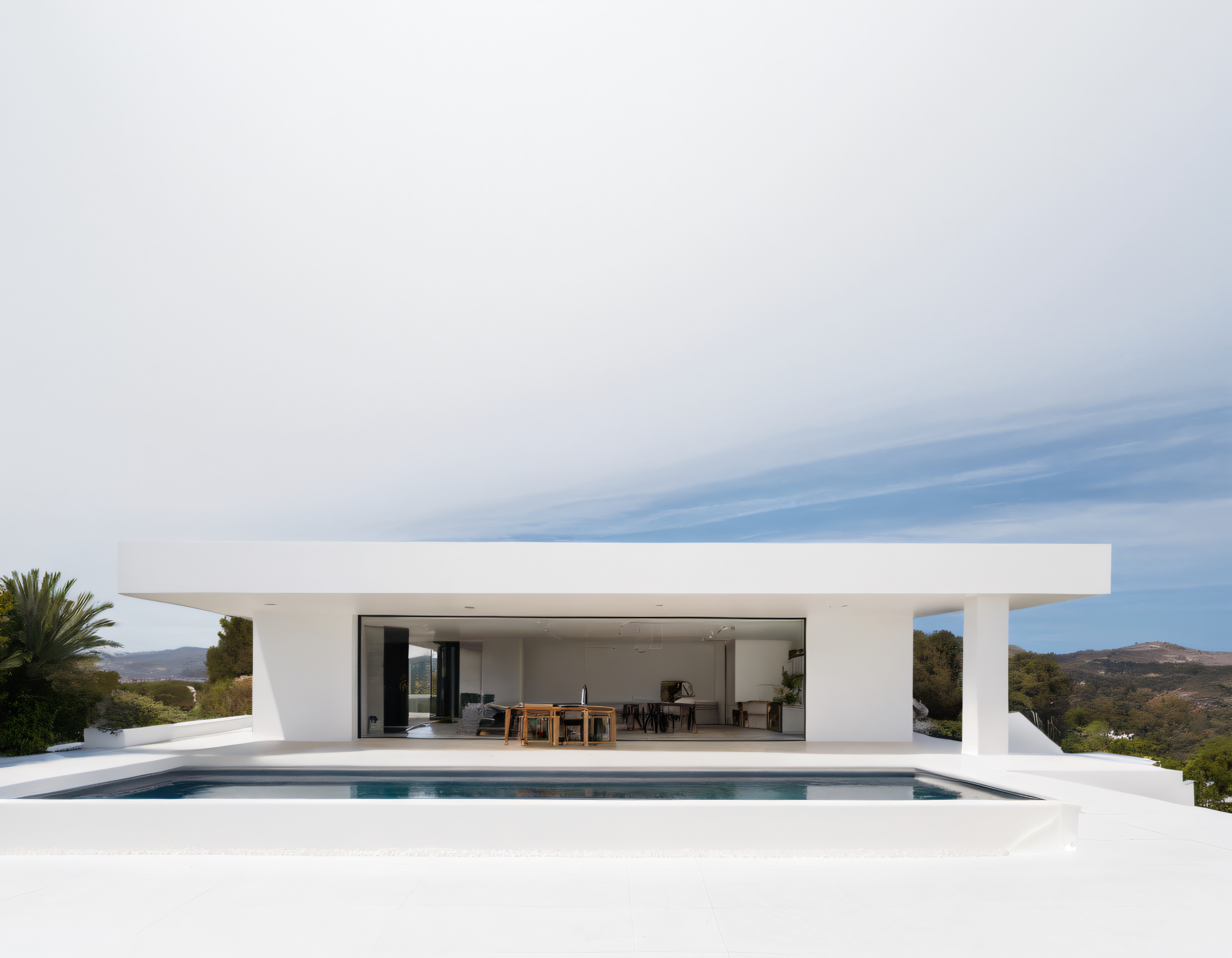 Minimalist Beyaz Villa, Sonsuz Havuz ve Panoramik Dağ Manzarasıyla Modern Yaşam