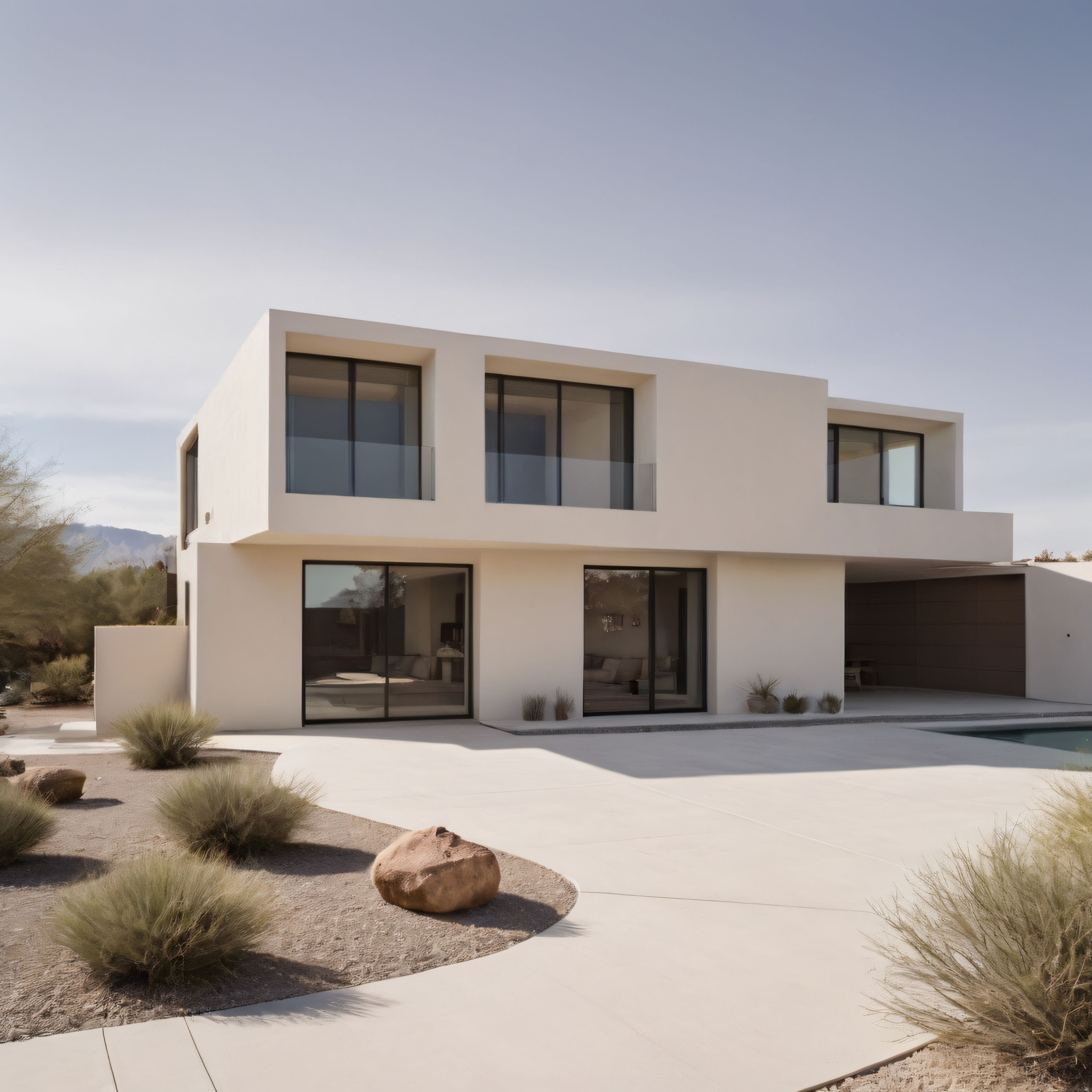 minimalist beyaz villa tasarımı büyük camlar ve doğal sıcak iklim peyzajı