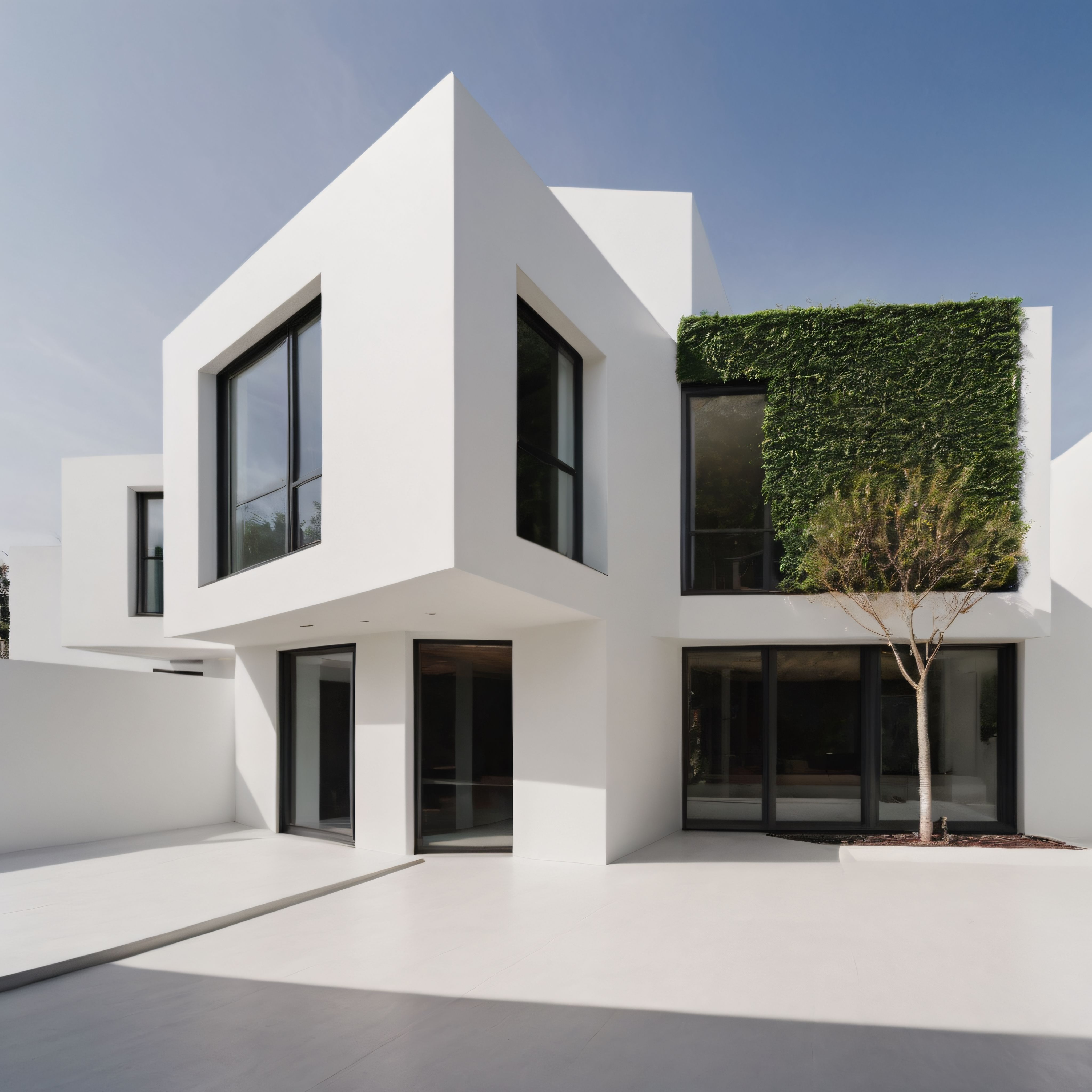 Minimalist Beyaz Villa Tasarımı: Geometrik Cephe ve Yaşayan Yeşil Duvar