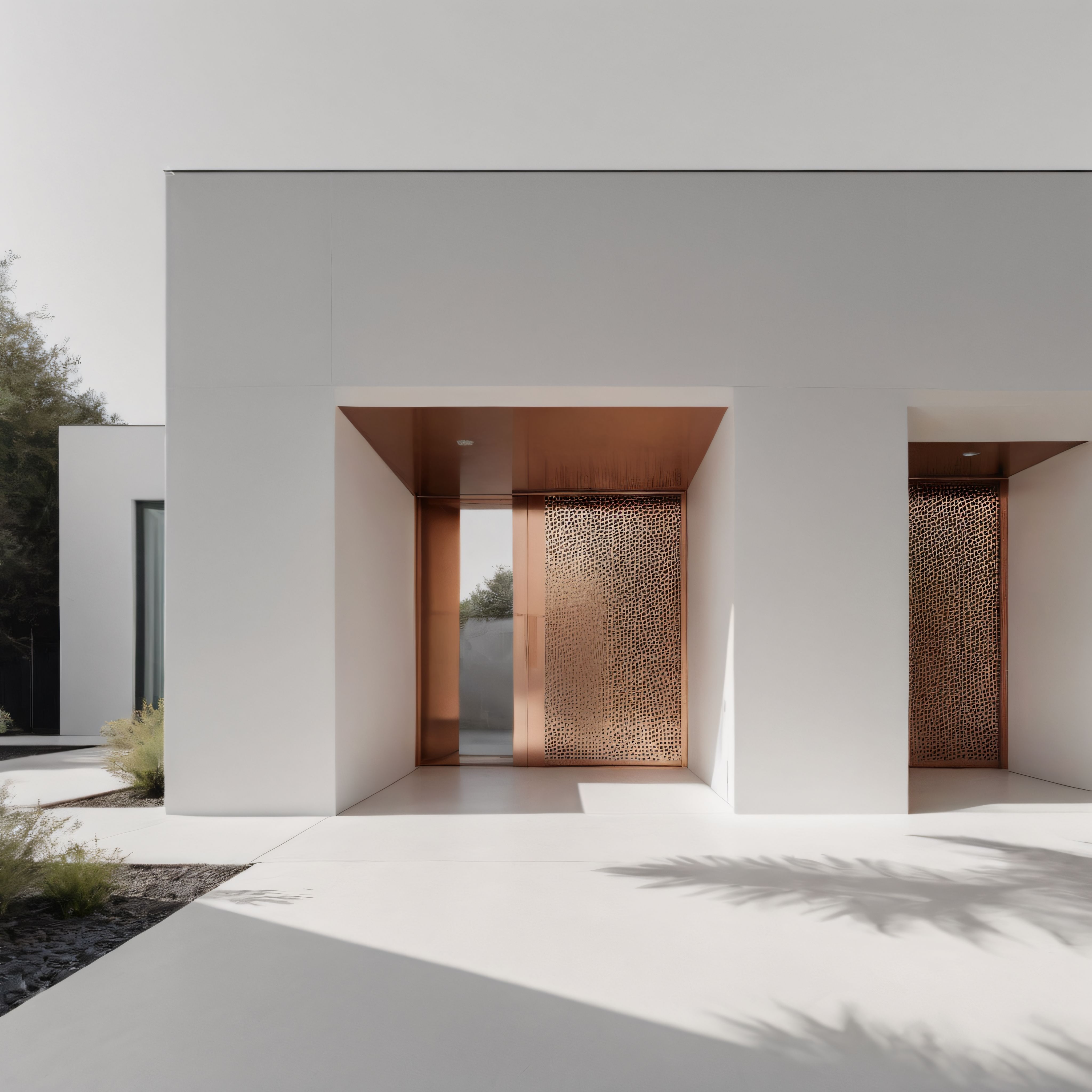 Minimalist Beyaz Villa Tasarımında Bakır Kapı Detayları ve Geometrik Gölgeler