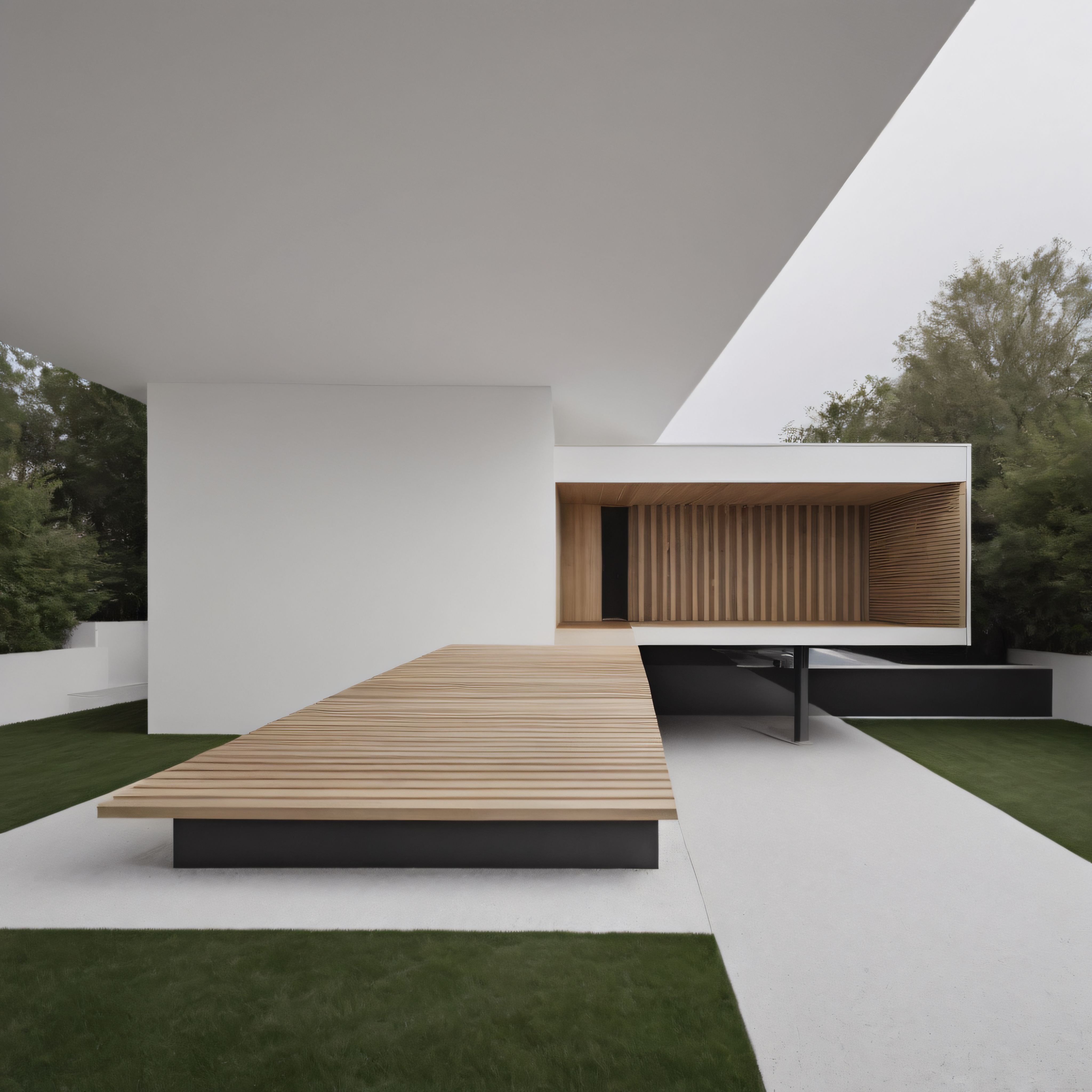 Minimalist Beyaz Villa ve Ahşap Geometri: Modern Mimari ve Doğanın Uyumu