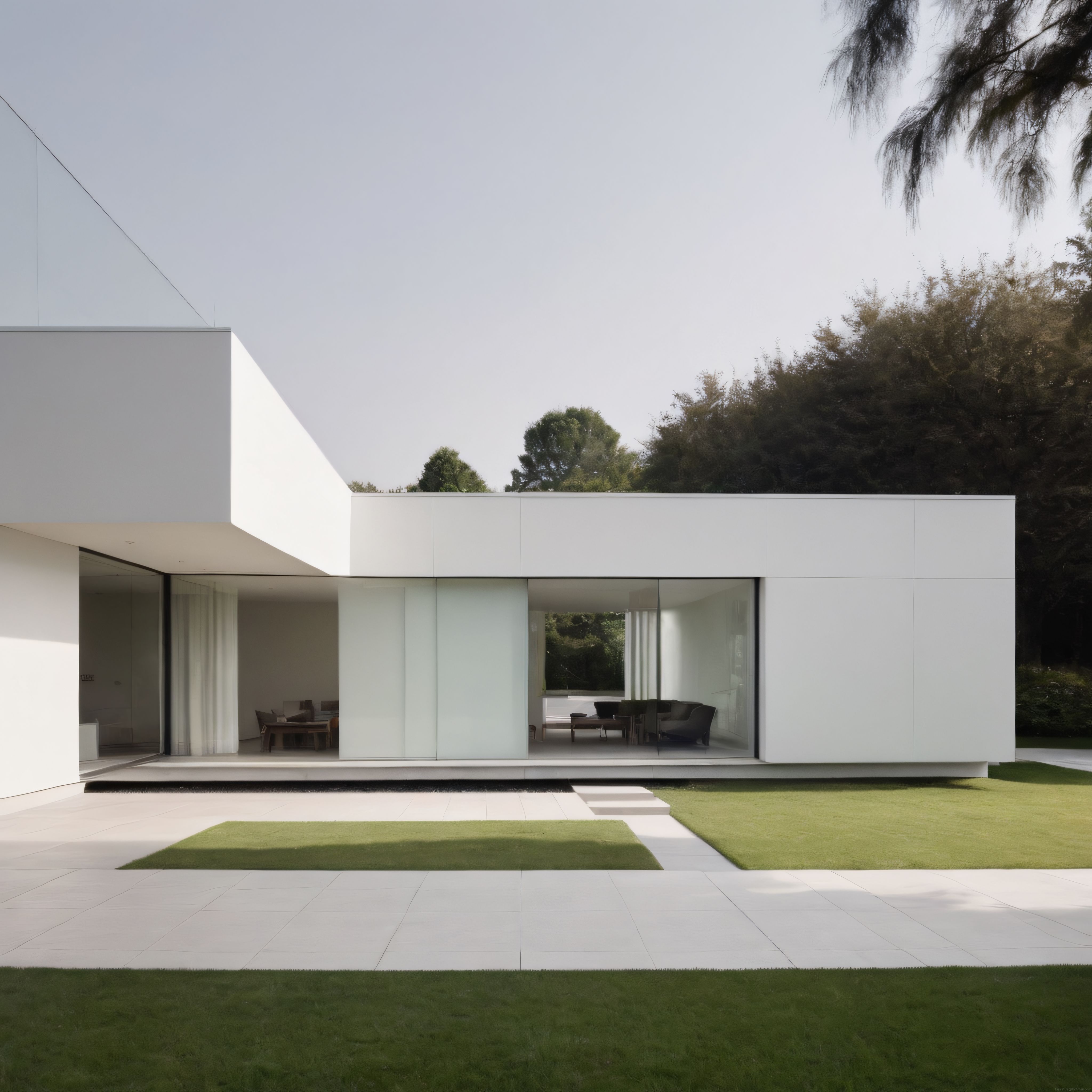 minimalist beyaz villa ve geniş cam cephe ile modern bahçe tasarımı