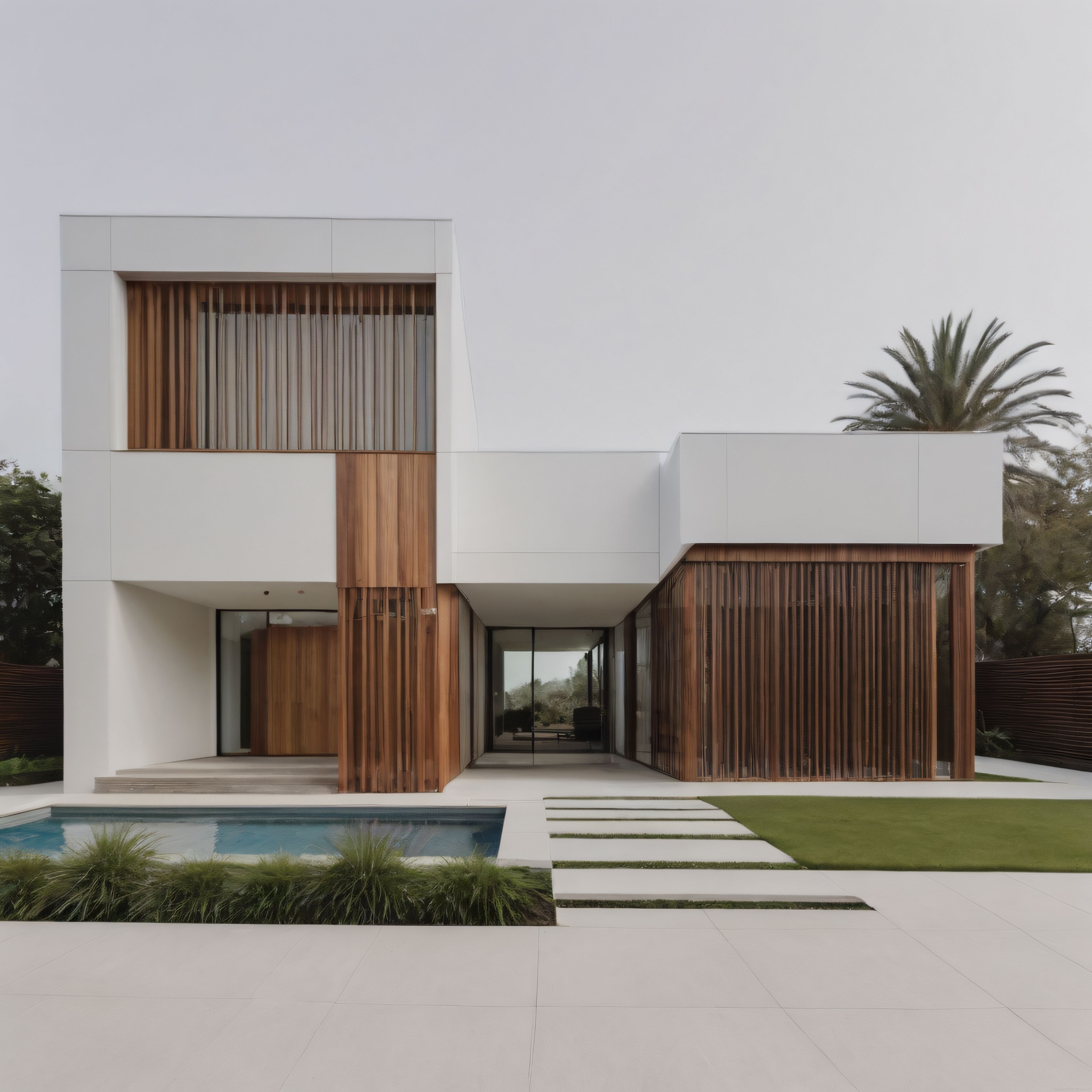Minimalist Beyaz Villa ve Havuz: Modern Ahşap Detaylı Çağdaş Ev Mimarisi