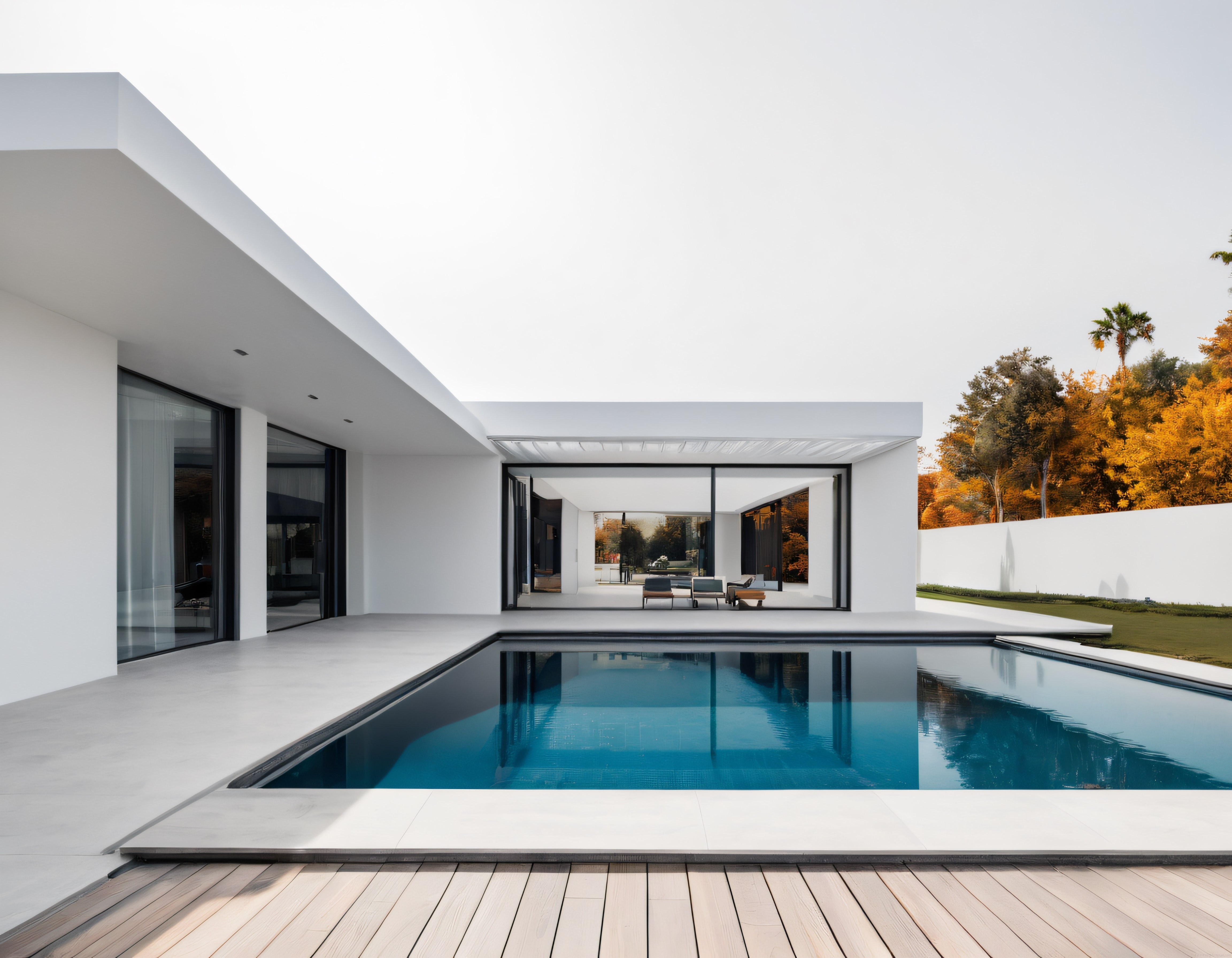 Minimalist Beyaz Villa ve Havuz: Modern Mimari ile Sonbaharın Büyüleyici Uyumu