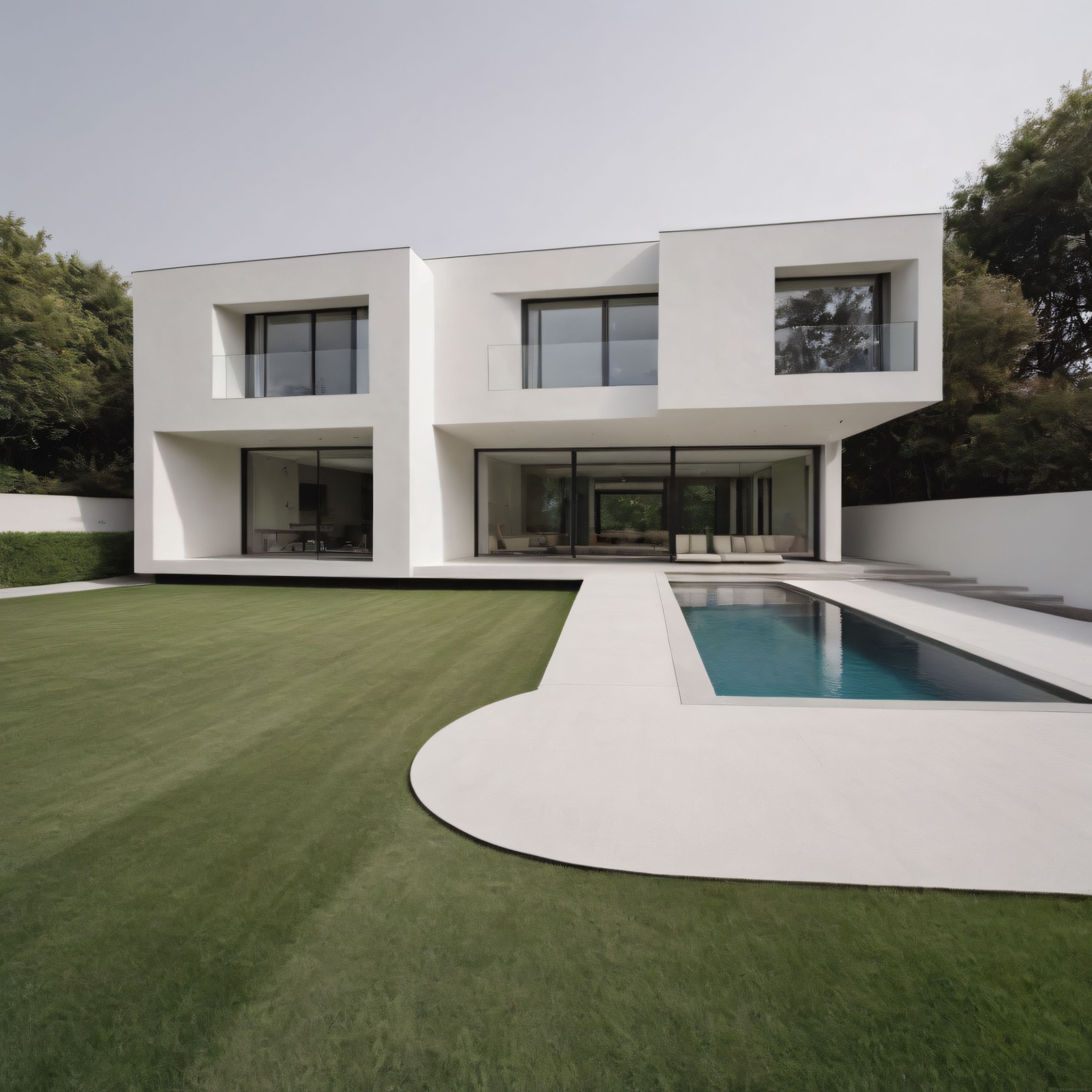 Minimalist Beyaz Villa ve Lüks Havuzlu Bahçe, Geometrik Modern Mimari