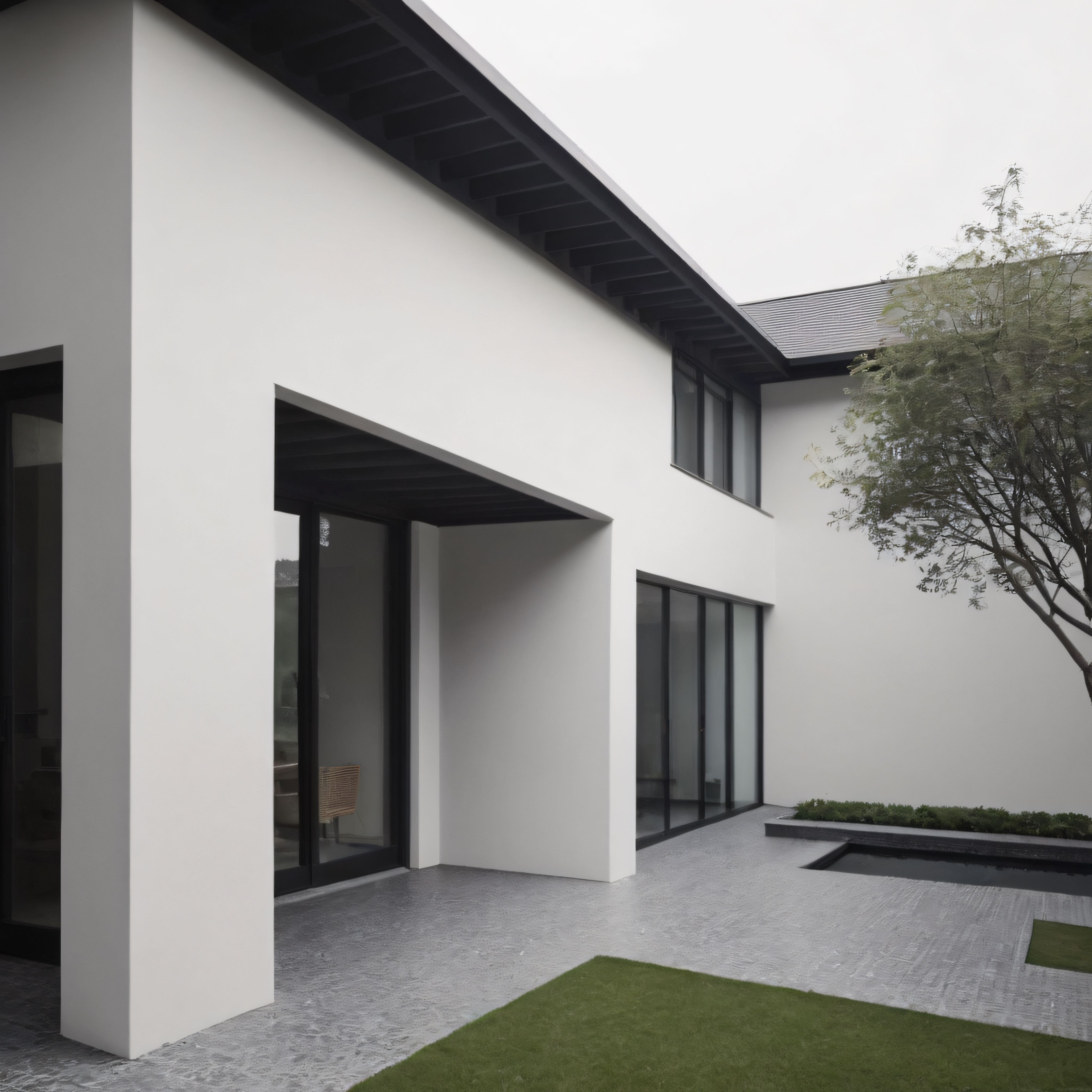 Minimalist Beyaz Villa ve Siyah Detaylarla Modern İç Avlu Tasarımı