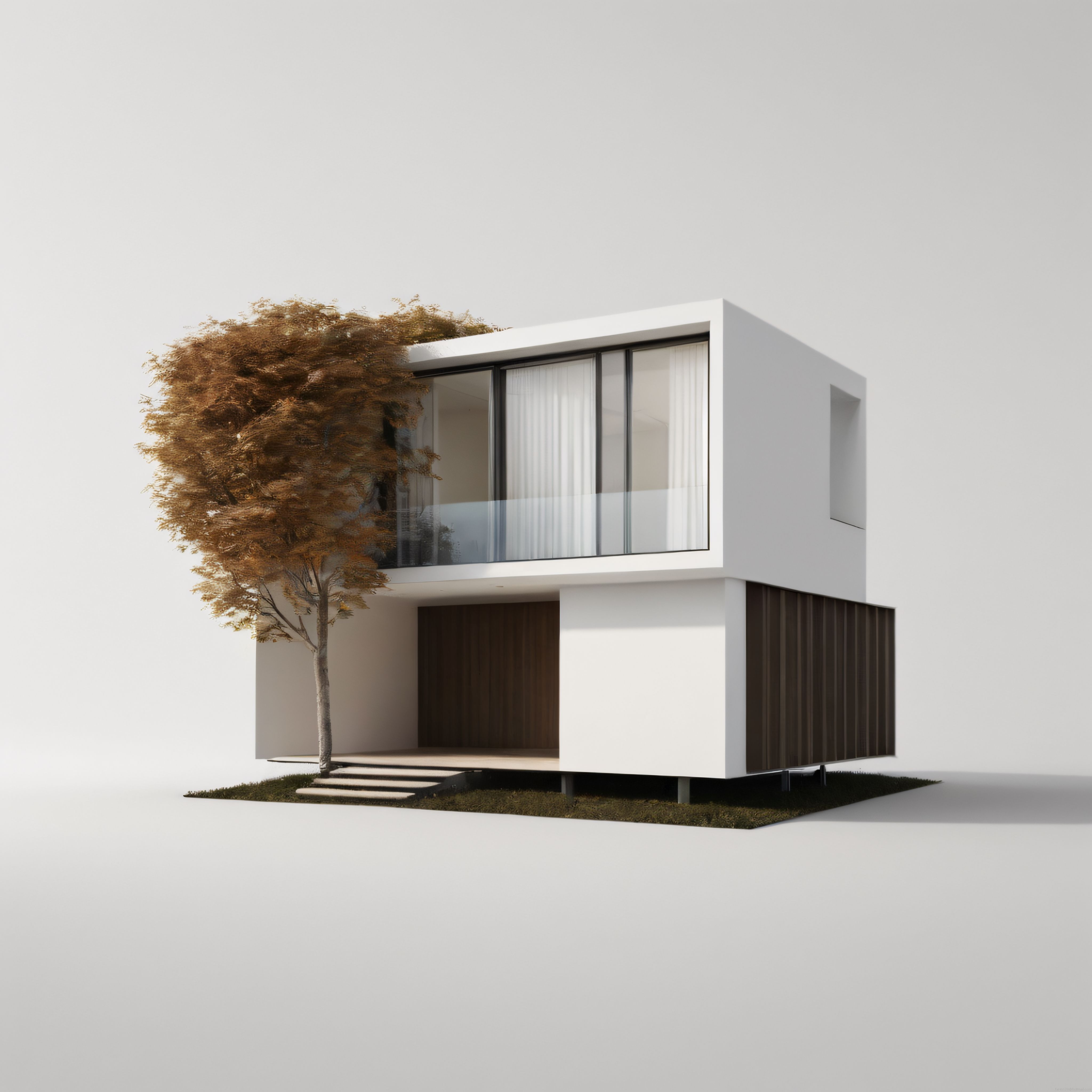 Minimalist beyaz villa ve sonbahar ağacı ile modern mimari tasarım