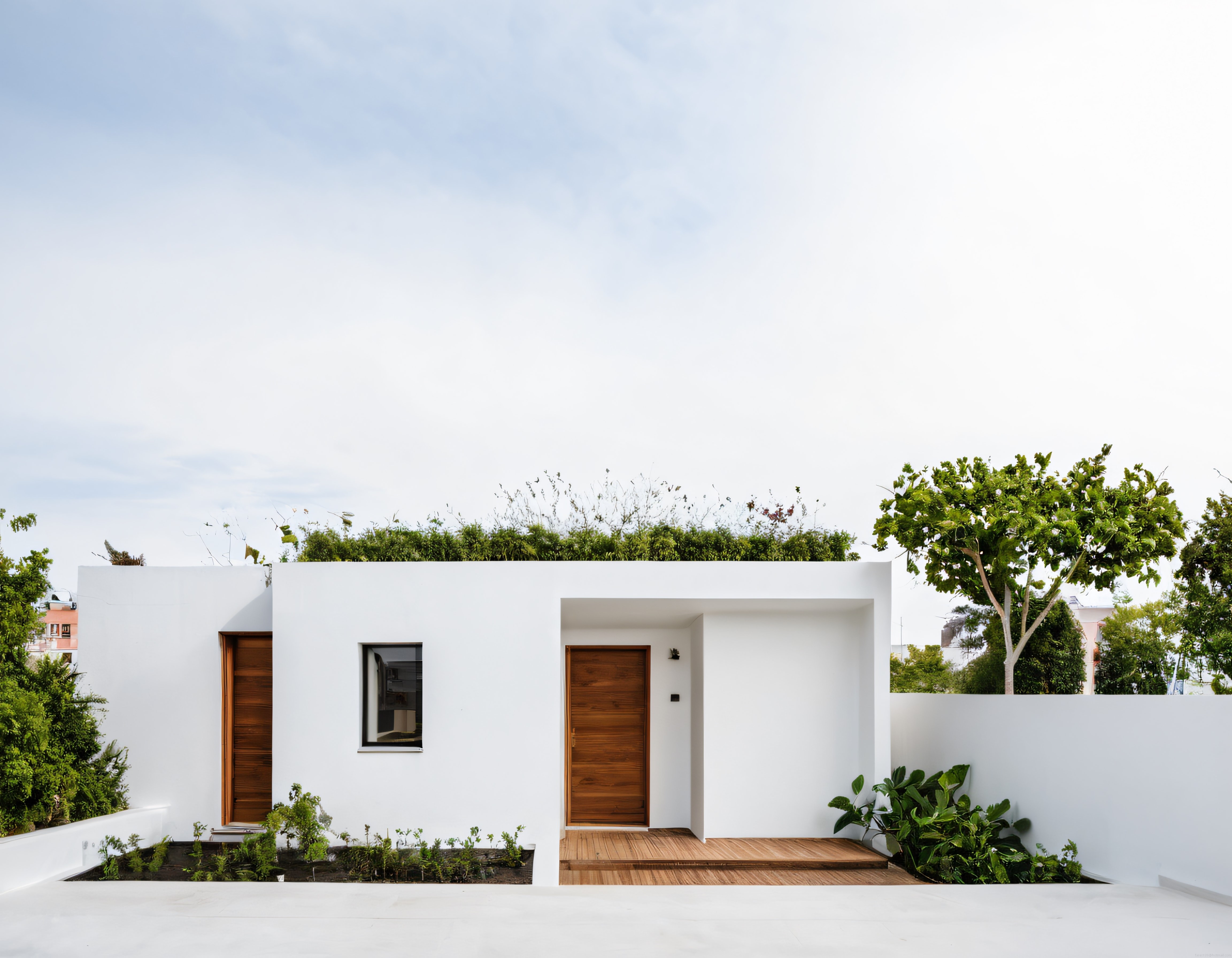 Minimalist Beyaz Villa ve Yeşil Çatı Bahçesi: Modern Ev Mimarisinin Estetiği