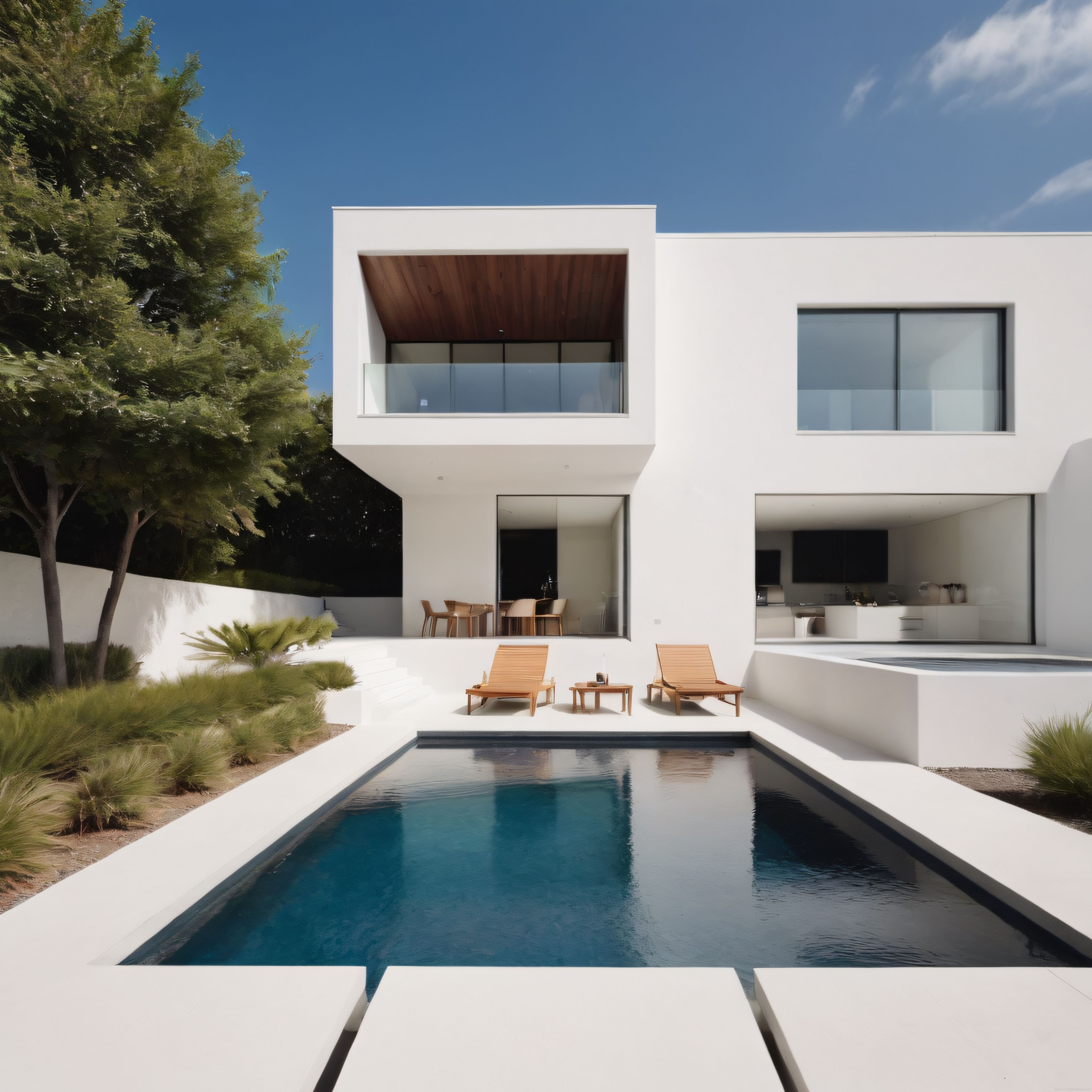 Minimalist Beyaz Villa ve Yüzme Havuzlu Çağdaş Dış Mekan Tasarımı
