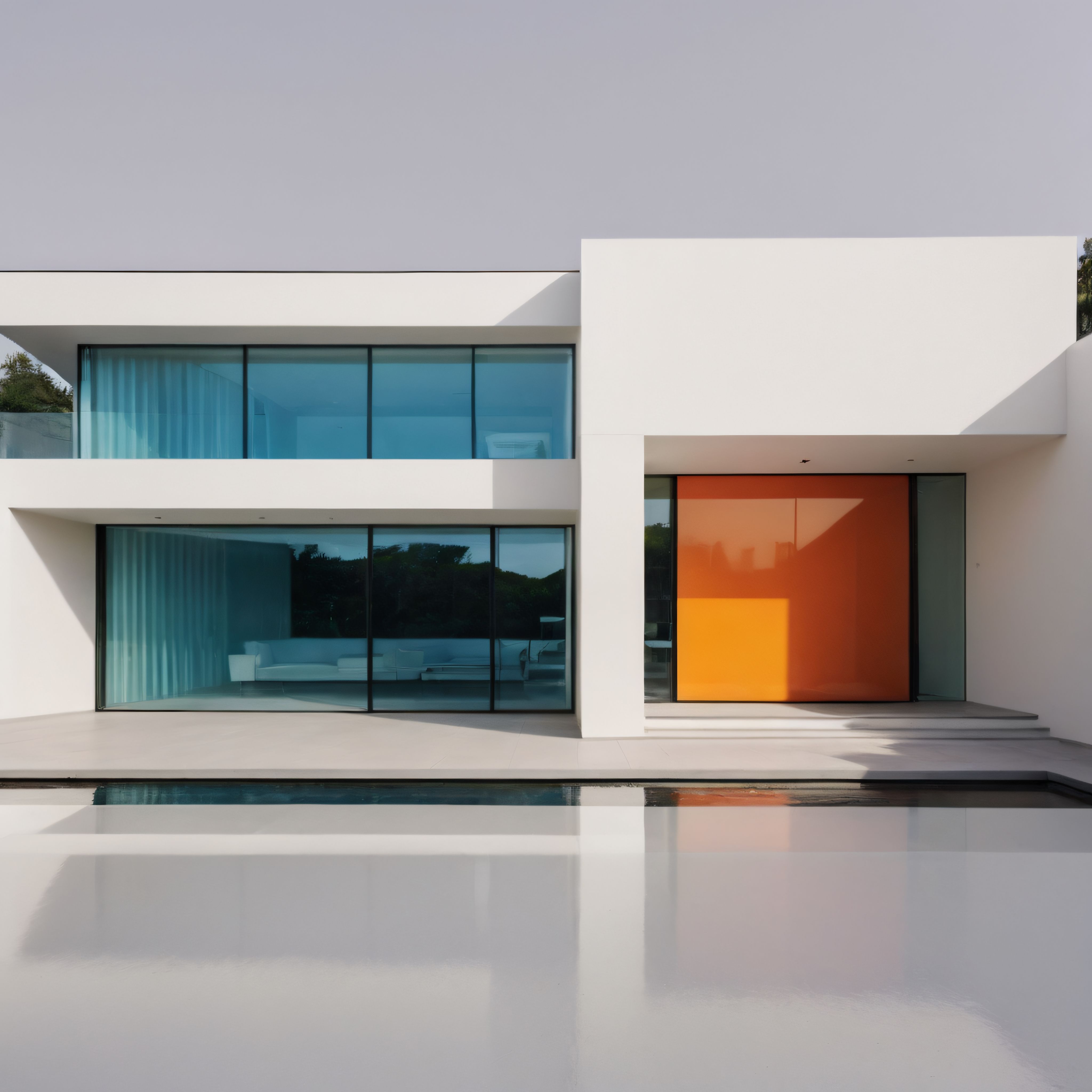 Minimalist Beyaz Villa ve Yüzme Havuzu: Modern Mimari ve Turuncu Detay