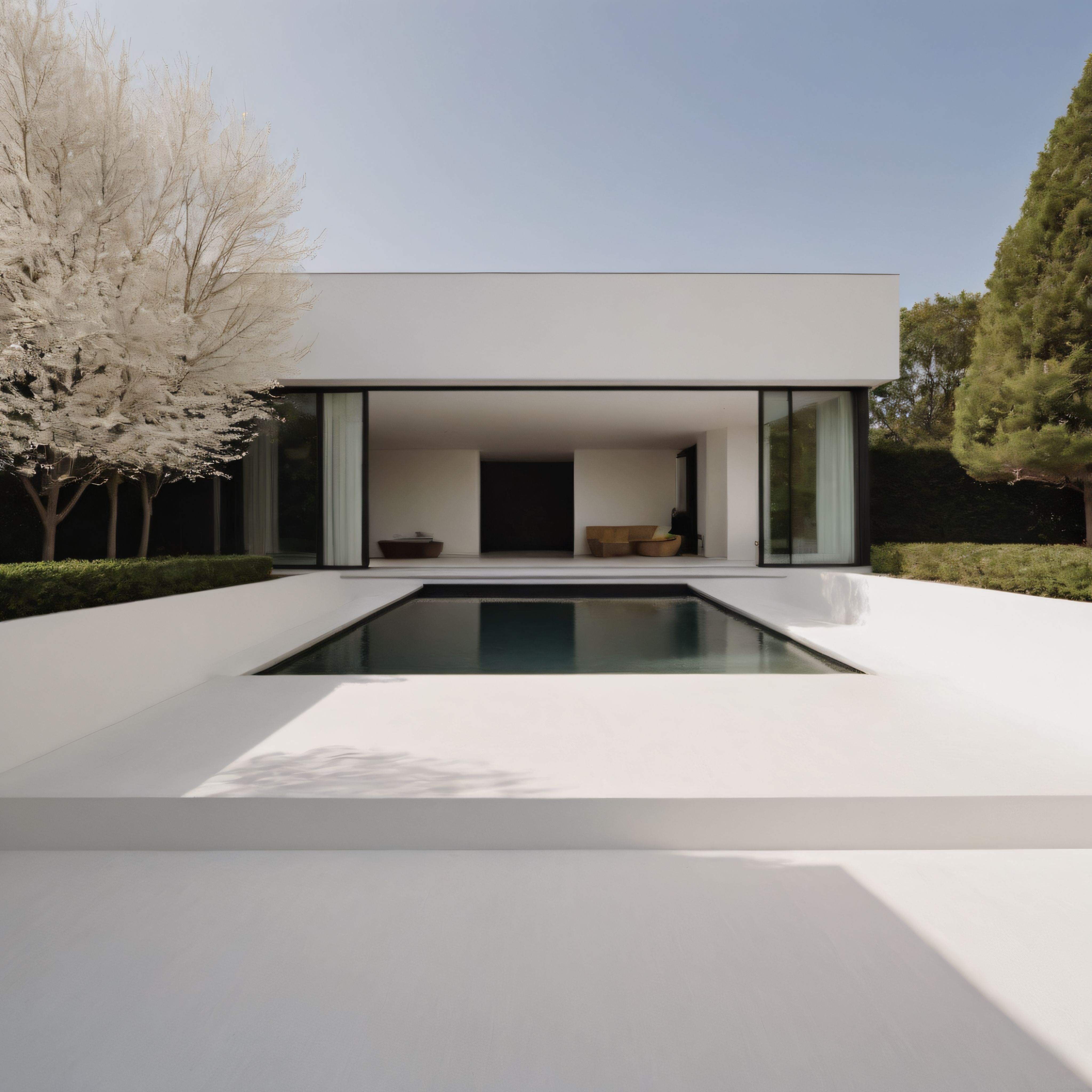 Minimalist Beyaz Villa, Yansımalı Sessiz Havuz ve Sakin Bahçe Atmosferi