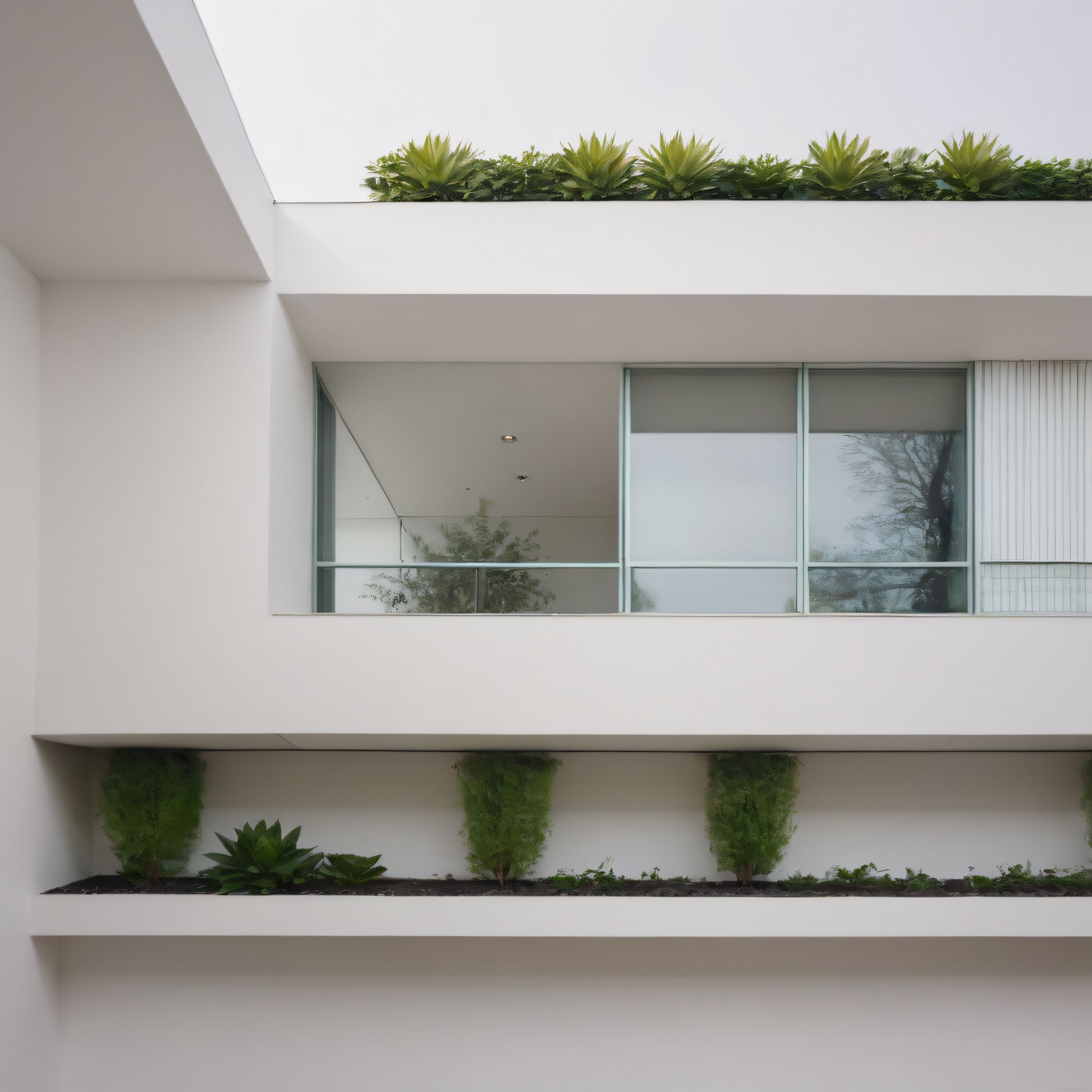 Minimalist Beyaz Yapıda Ekolojik Çatı Bahçesi ve Modern Cam Detayları