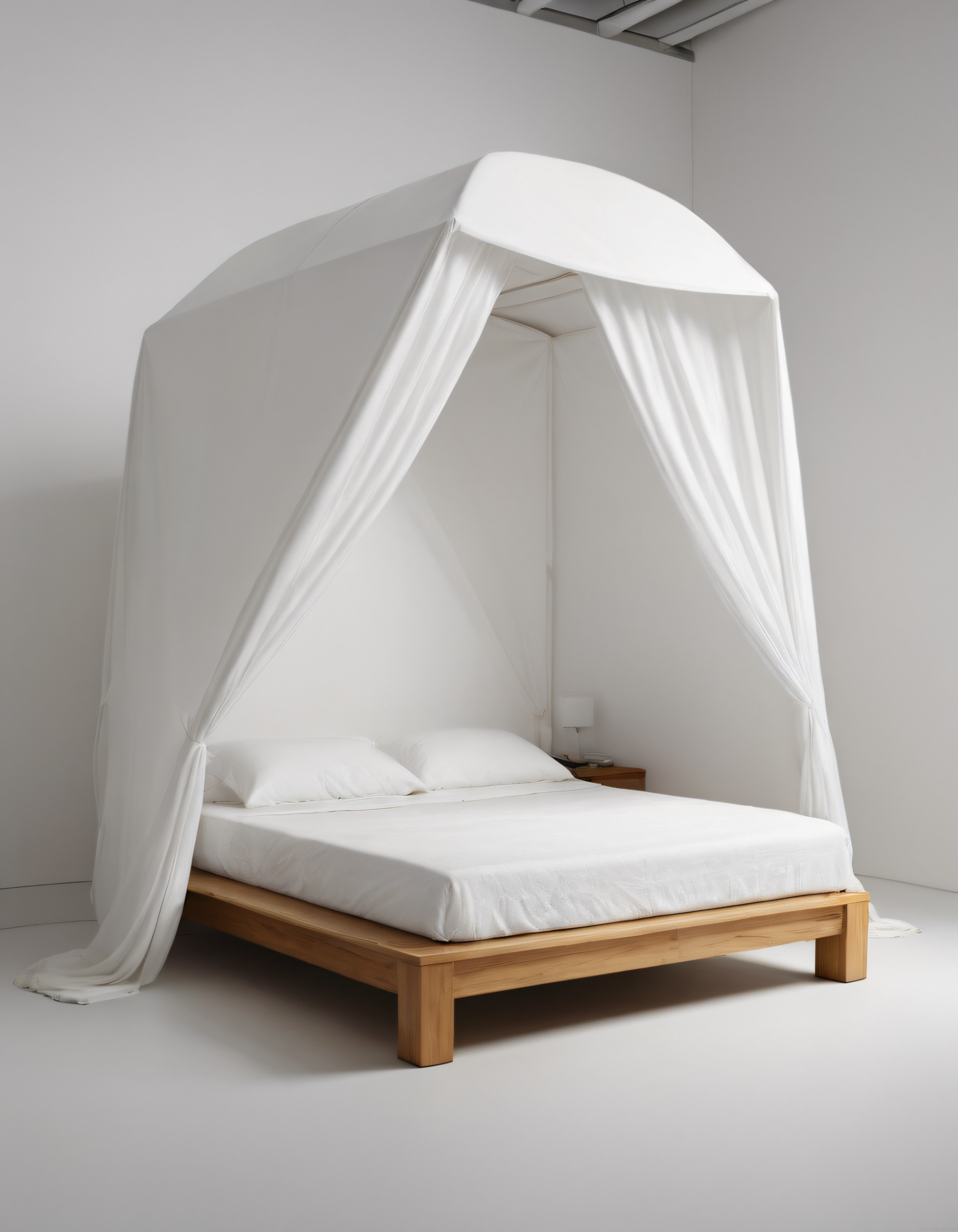 Minimalist Beyaz Yatak Odası: Ahşap Yatak ve Tül Baldachin ile Sade Dekor