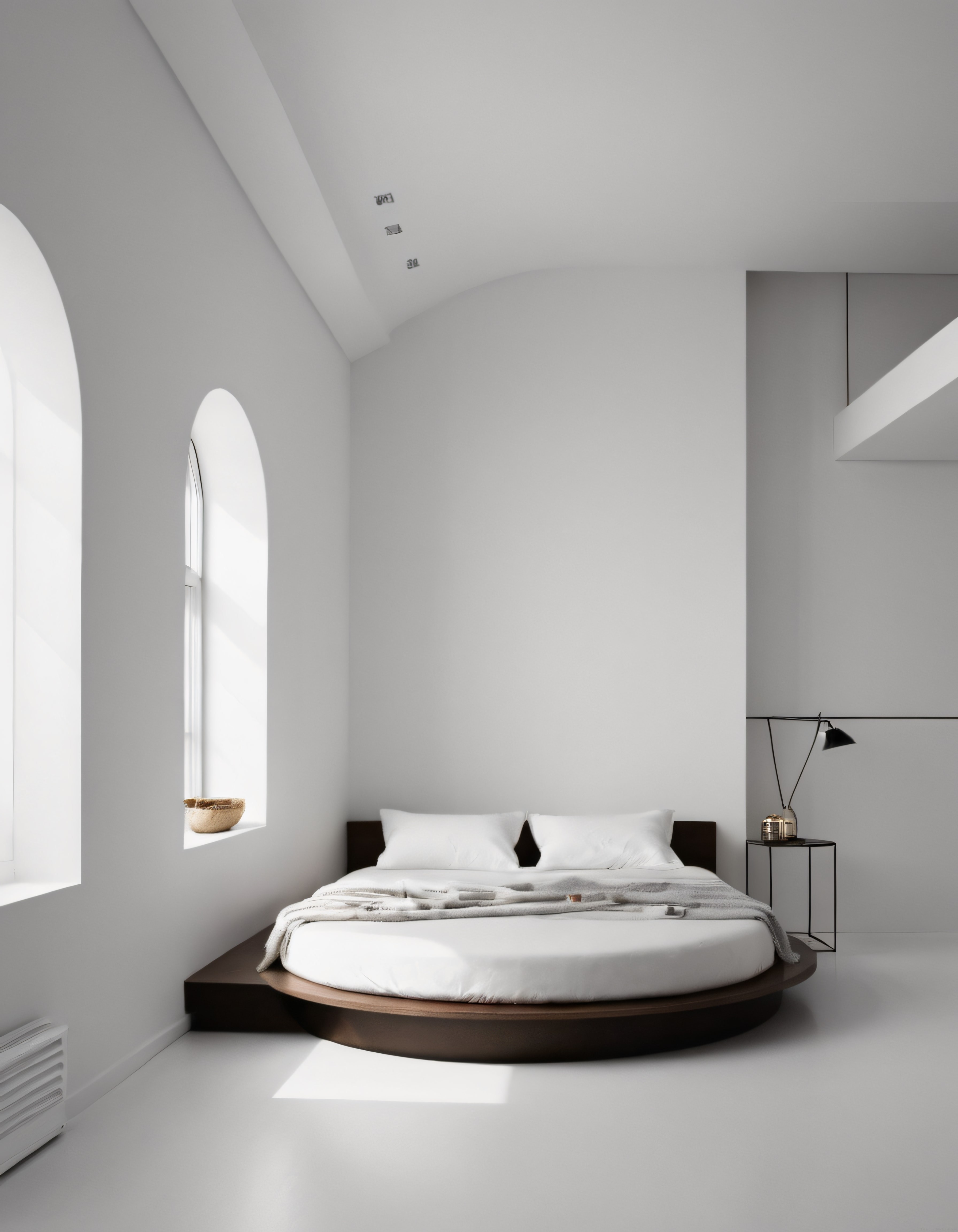 Minimalist Beyaz Yatak Odası: Modern Yuvarlak Yatak ve Sade Dekorasyon