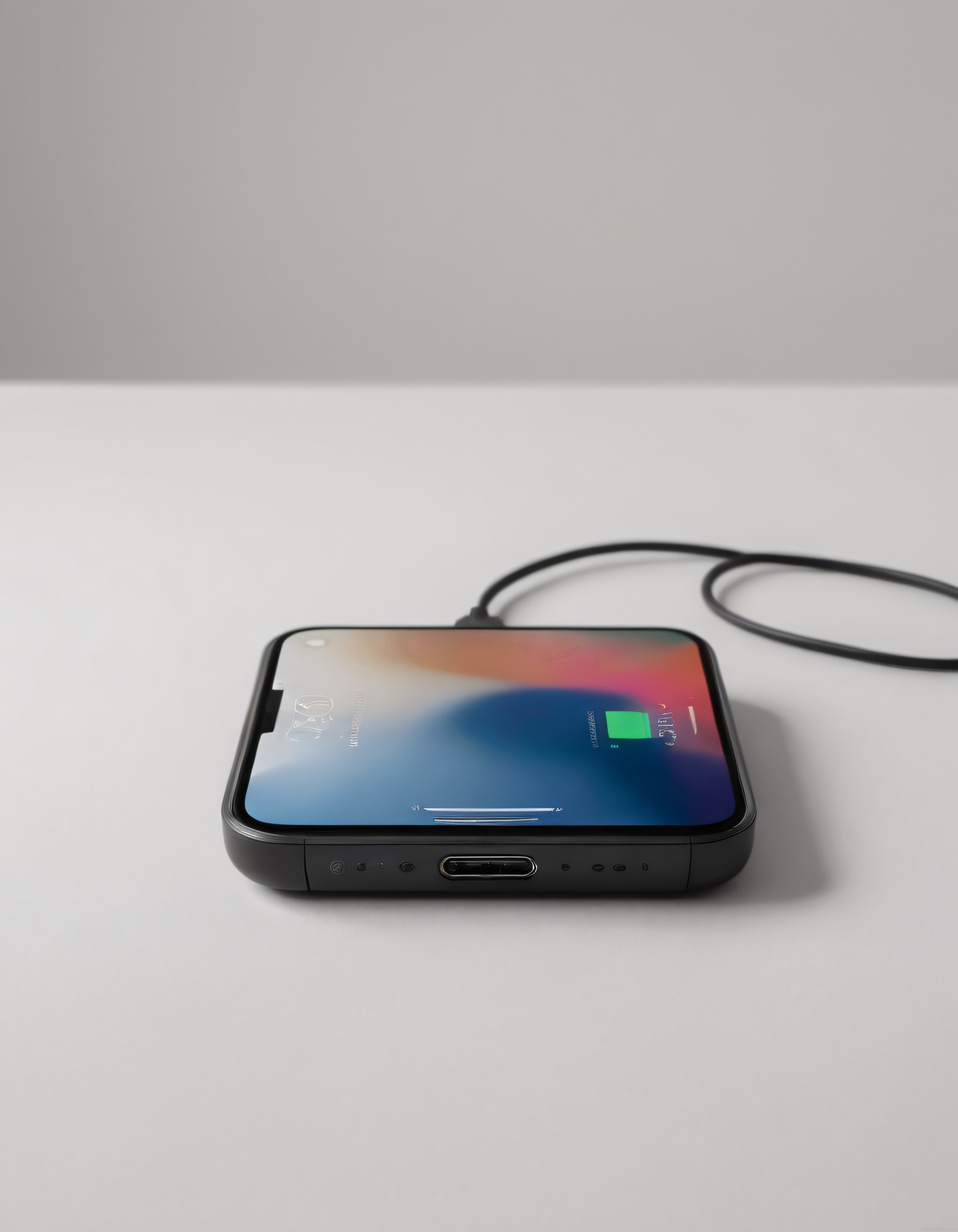 Minimalist beyaz zeminde şarj olan modern akıllı telefon ve ekran detayları