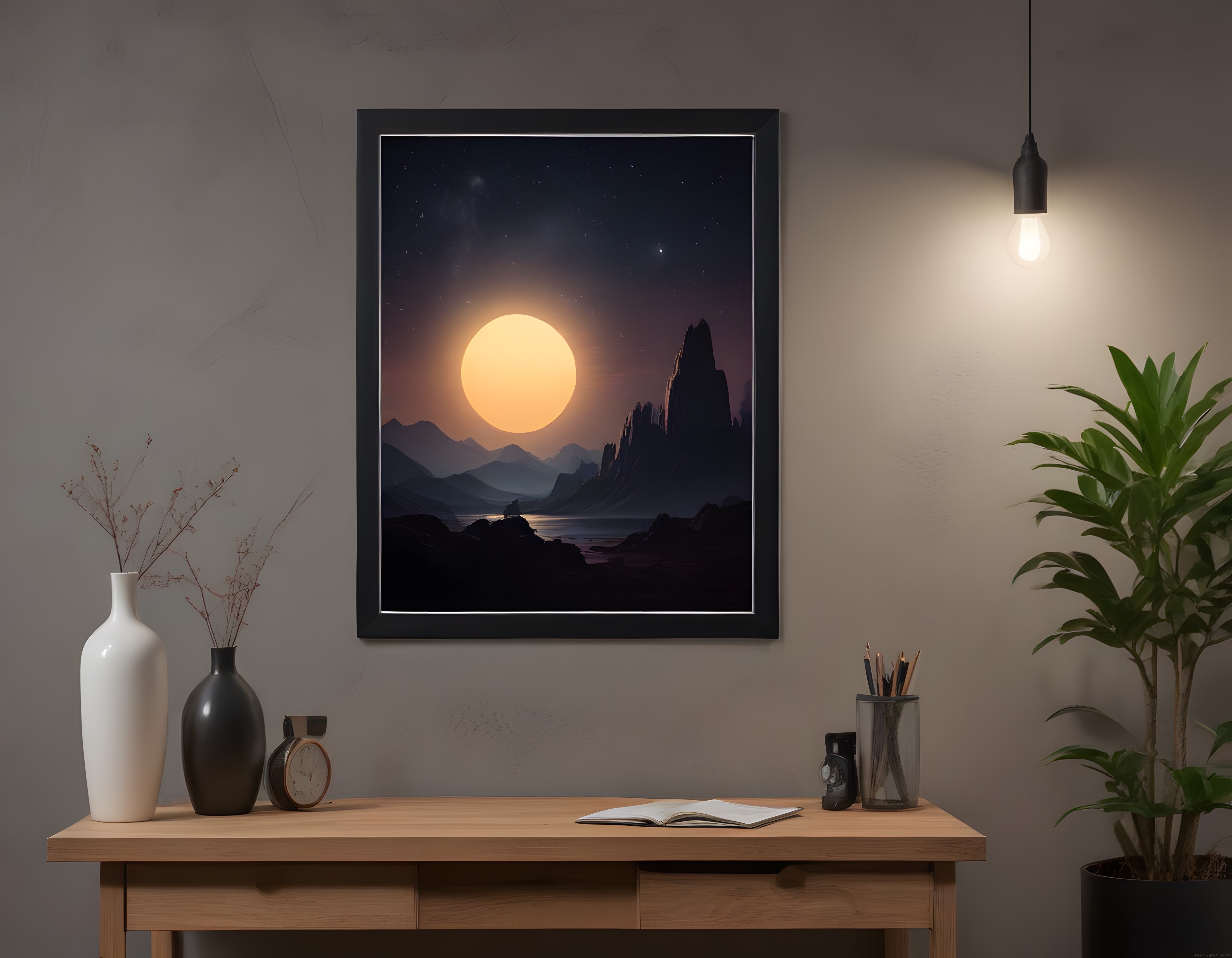 Minimalist Çalışma Alanında Gizemli Dolunay ve Dağ Manzaralı Poster Tasarımı