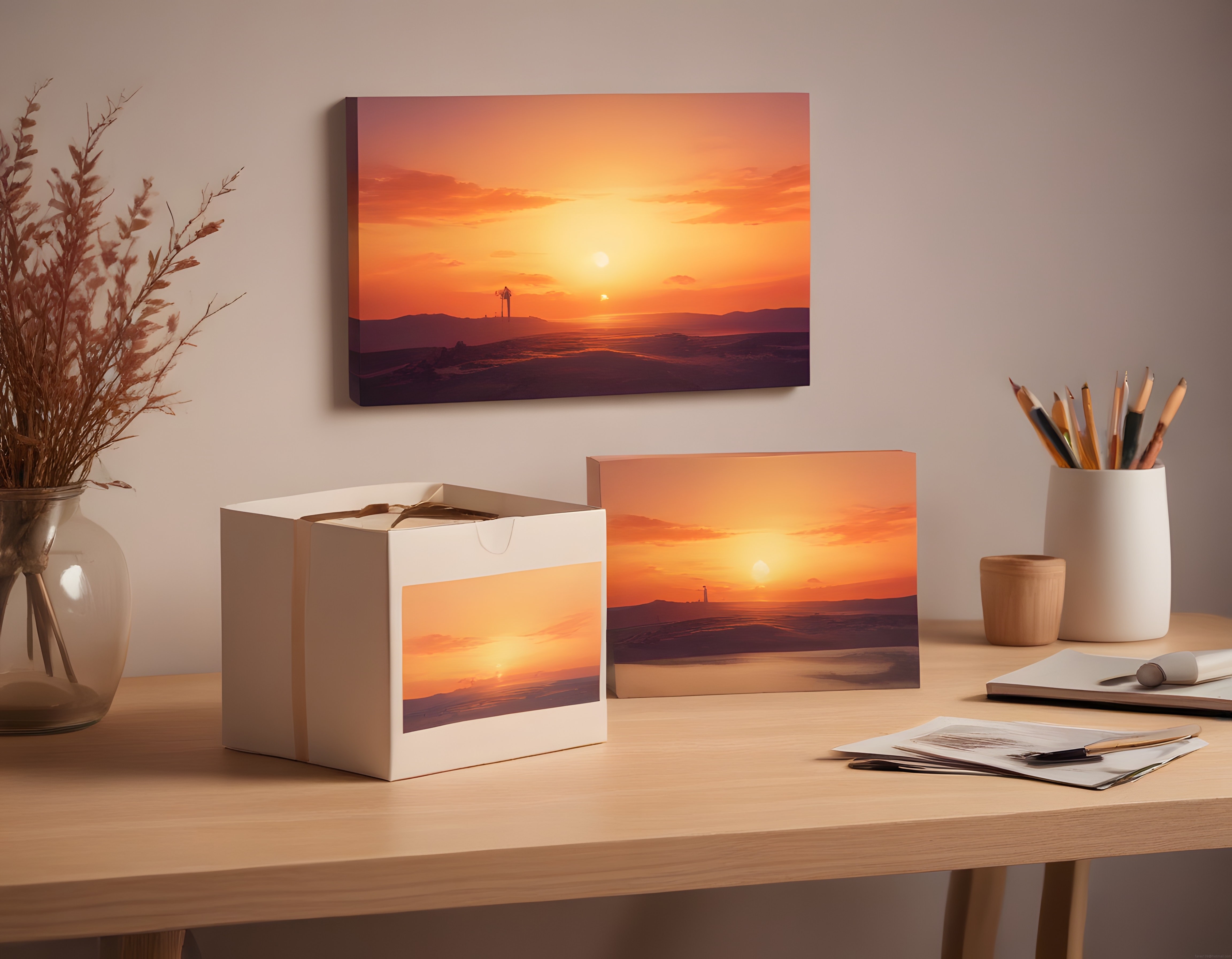 Minimalist Çalışma Alanında Gün Batımı Kanvas Tablo ve Dekoratif Ürünler