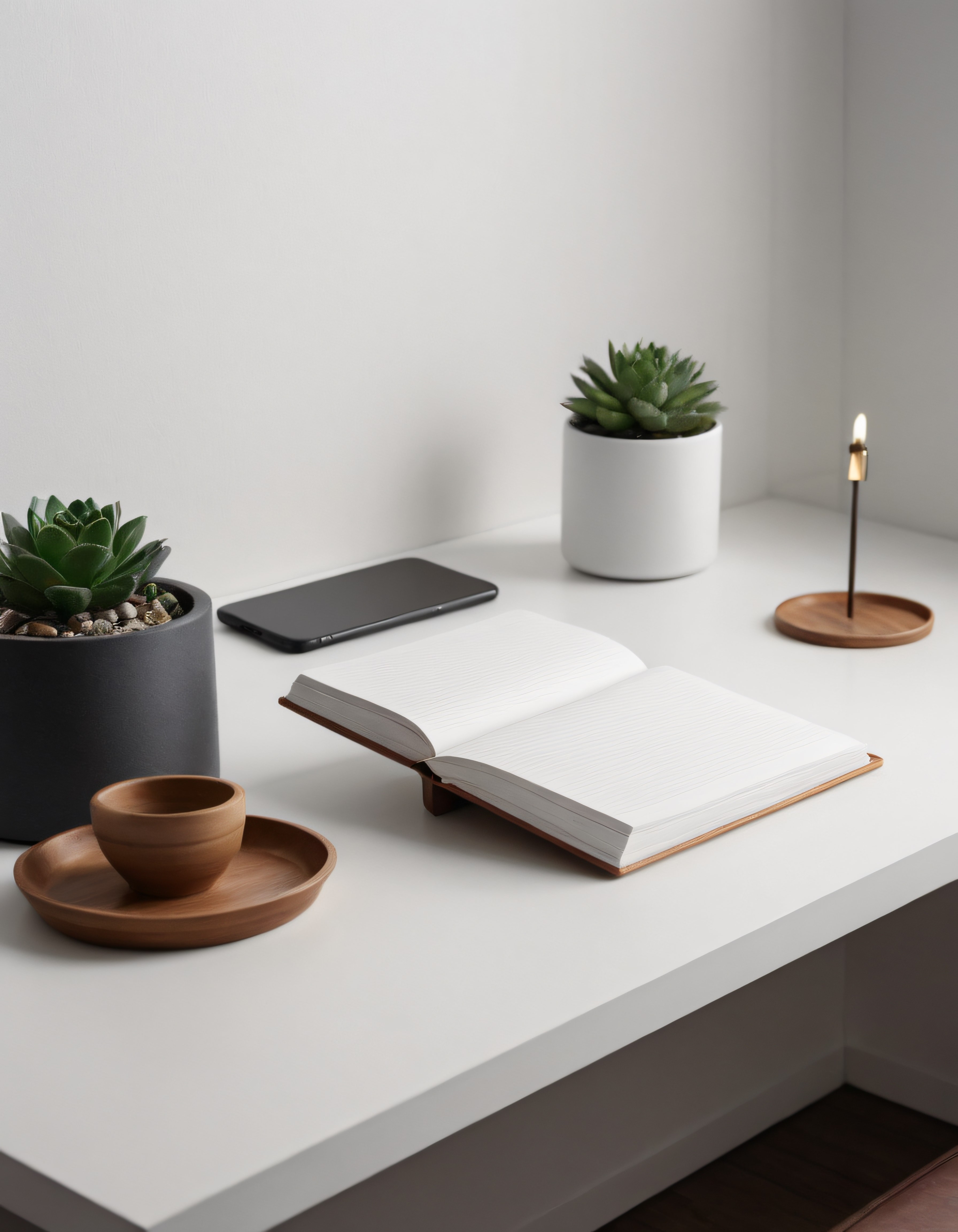 Minimalist Çalışma Köşesi: Beyaz Masada Açık Defter ve Saksı Sukulentler