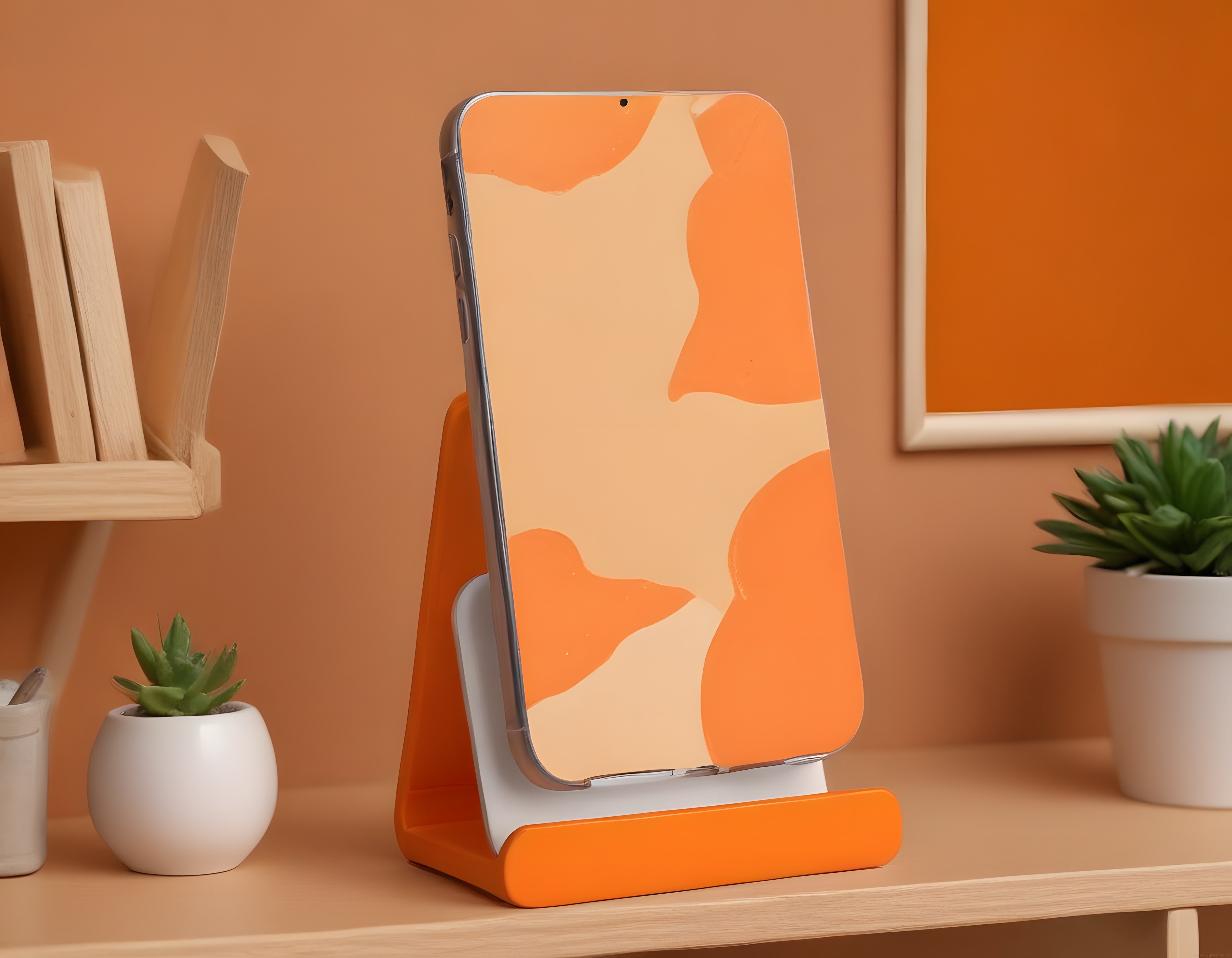 Minimalist Çalışma Köşesinde Turuncu Tonlarıyla Uyumlu Akıllı Telefon Standı