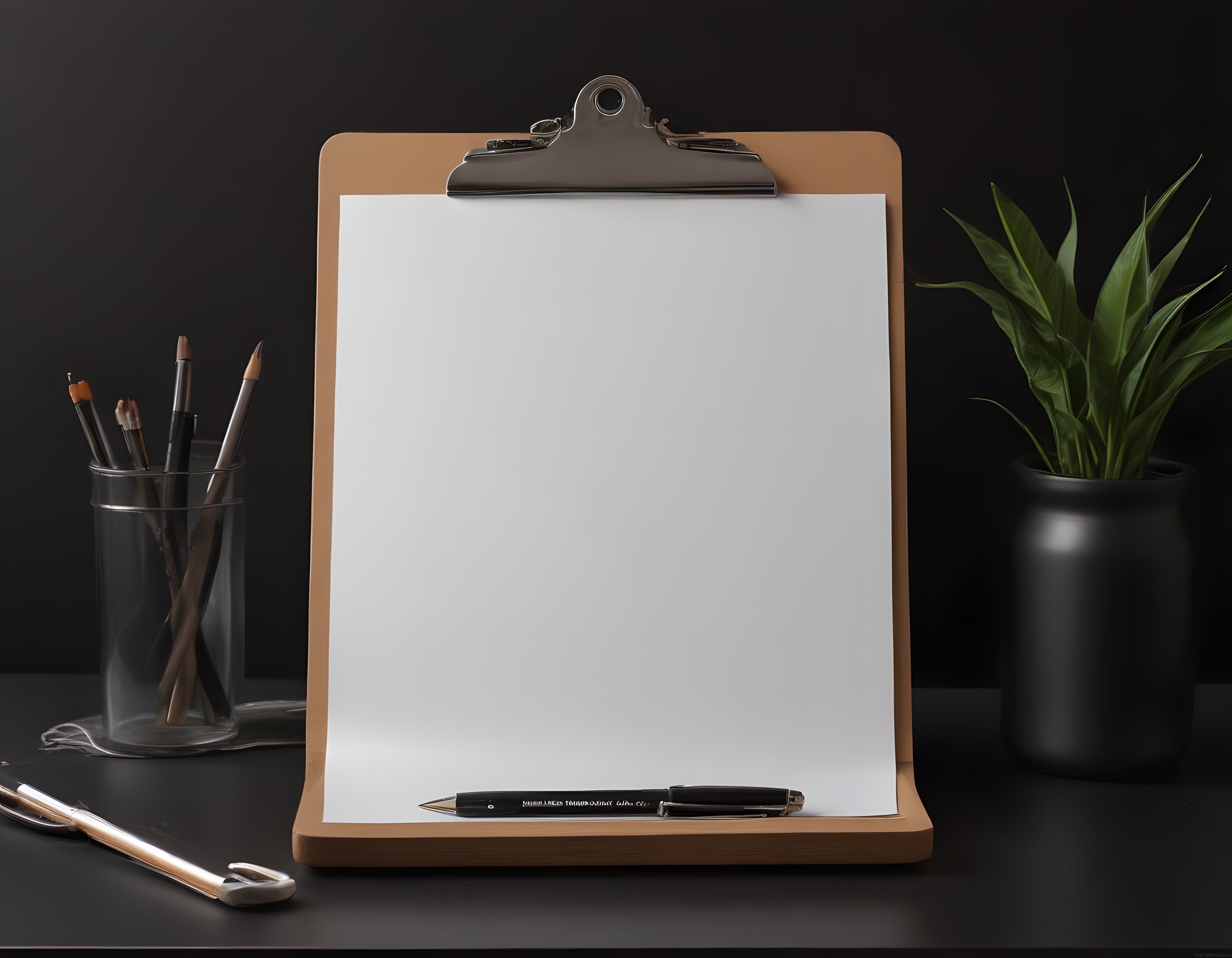 Minimalist Çalışma Masası Düzeni: Boş Kağıtlı Pano ve Kırtasiye Aksesuarları