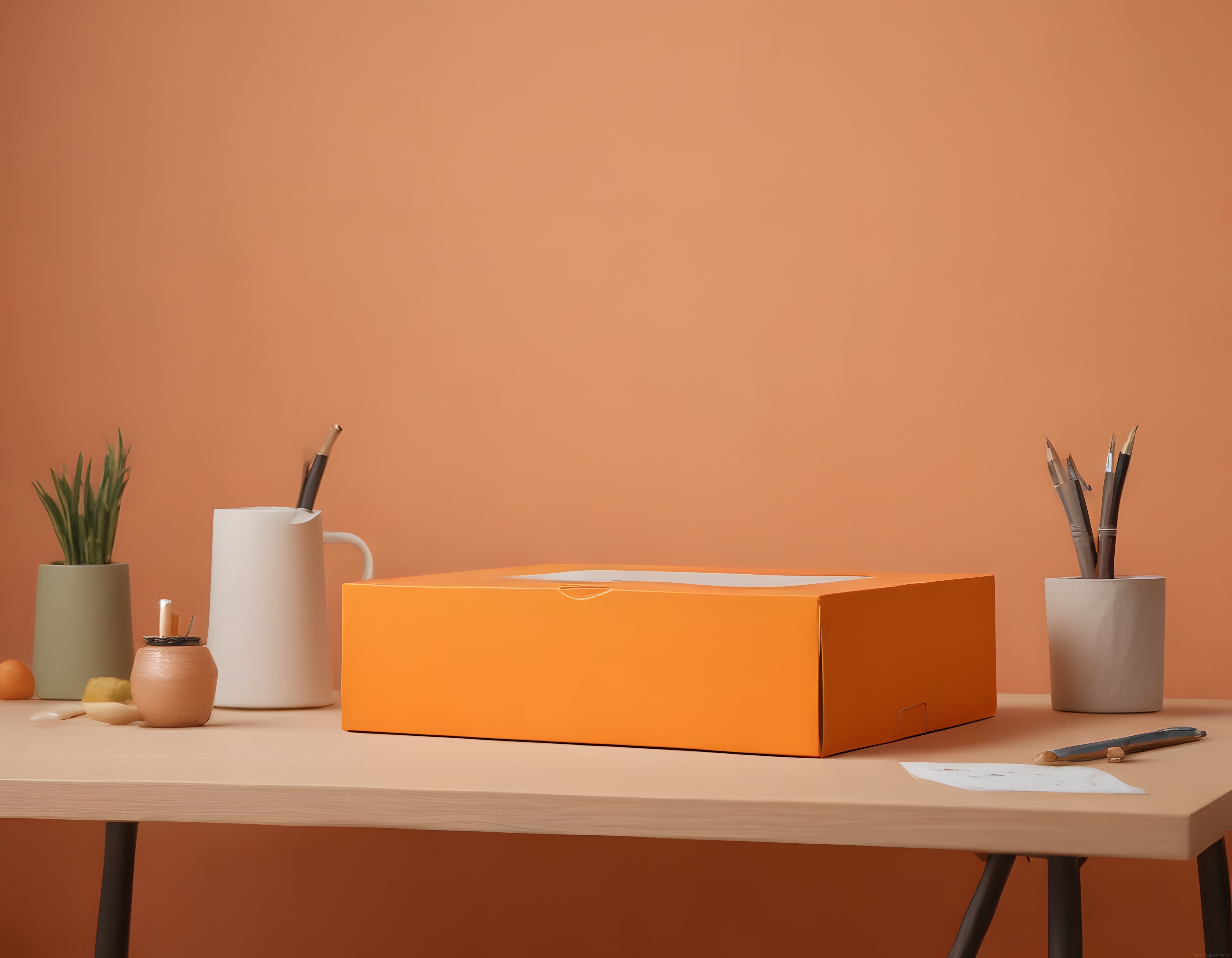 minimalist çalışma masası düzeni, turuncu kutu ve sanatsal aksesuarlar